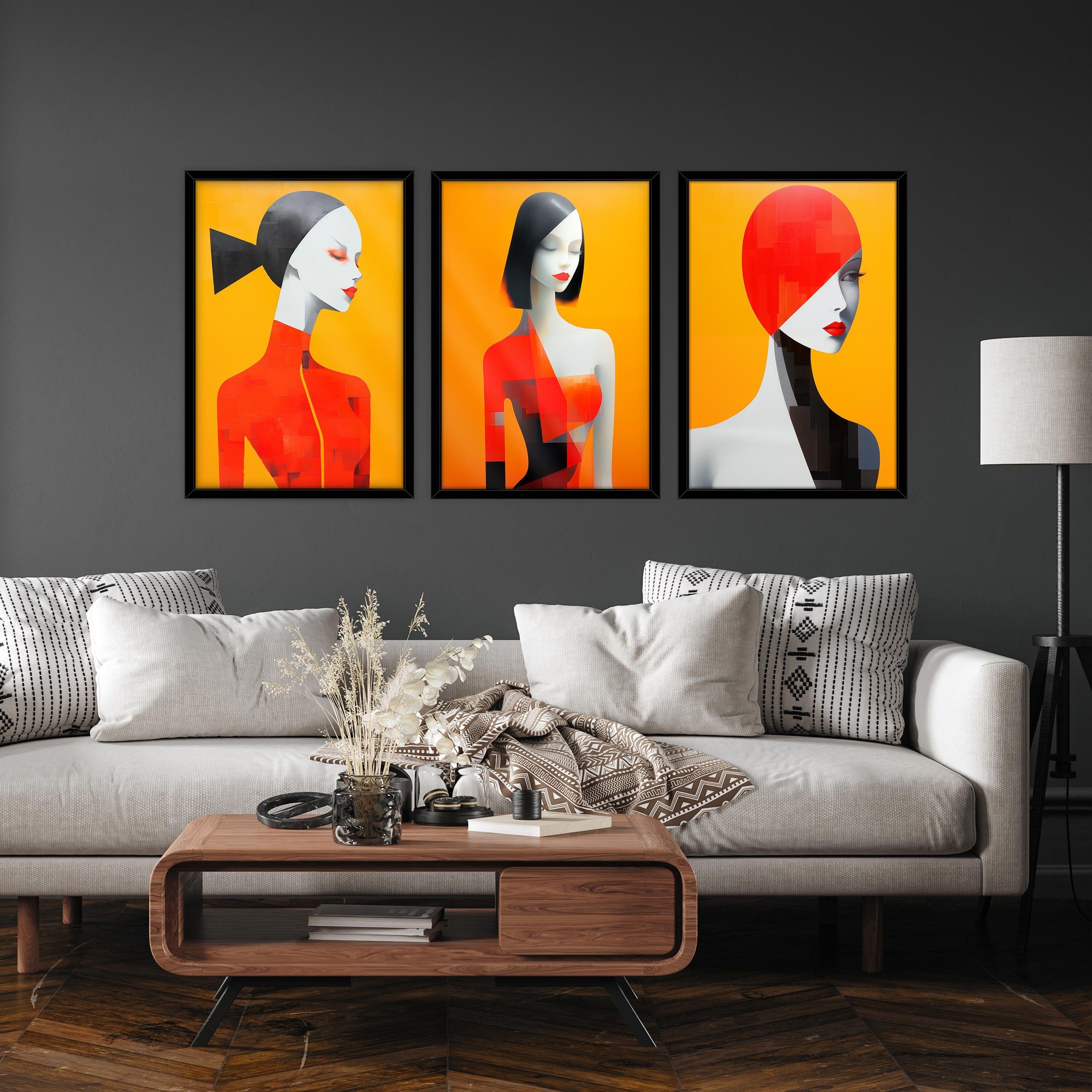 Wallarena Poster SET mit Rahmen Bilder Frau Pop Art Wohnzimmer Schlafzimmer Kunstdruck, Pop Art Poster Bild (Set 3 teilig, 3 St), Groß Wandbilder Größen : 3x30x40 cm / 3x50x70 cm / 3x70x100 cm