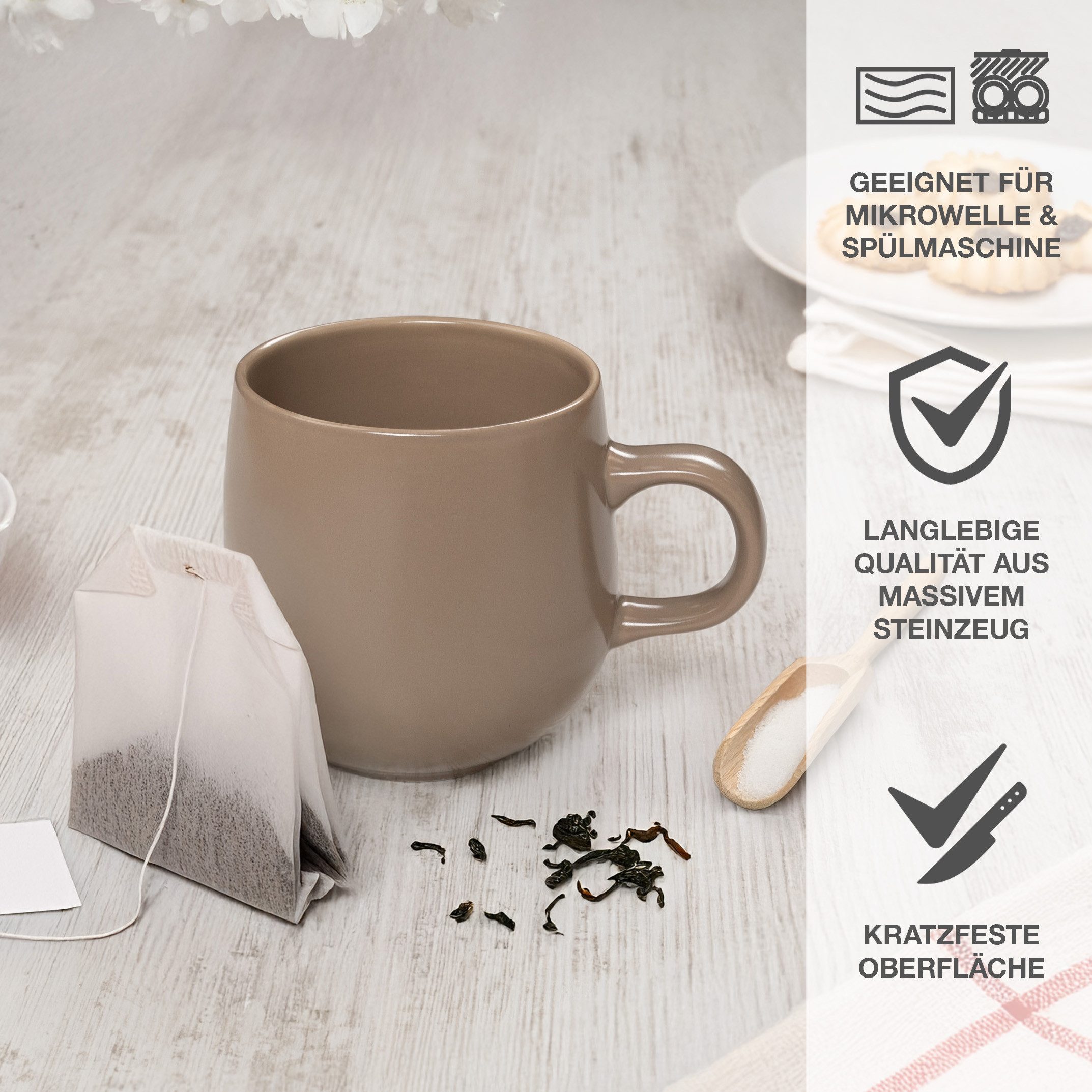 Moritz & Moritz Tasse ALHAMBRA Kaffeebecher Mousse, 6-tlg., Steinzeug, Hochwertiges Steinzeug, Spülmaschinengeeignet