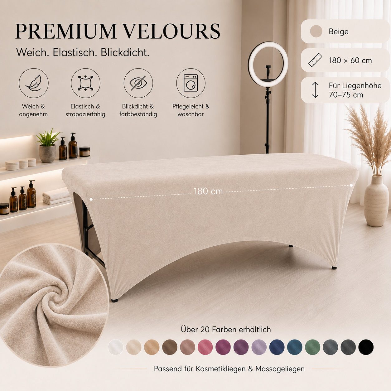 STM Company Massageliege Verlängerter Liegenbezug aus Velours für Kosmetikliege & Massageliege (Elastischer Spannbezug mit Fußaussparung), 180x60 cm/ 190x70 cm