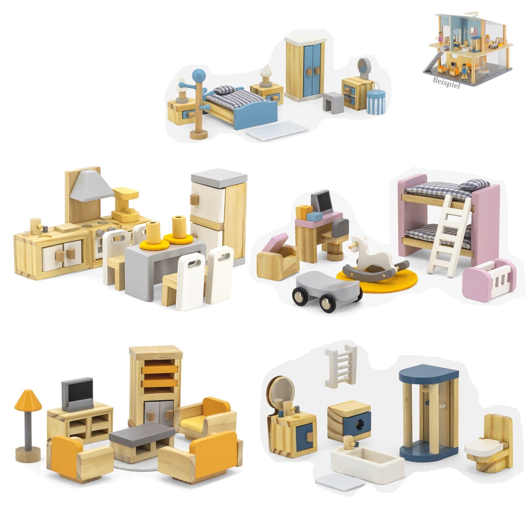 TikTakToo Puppenhausmöbel Schlafzimmer, Kinderzimmer, Küche, Bad, Wohnzimme günstig online kaufen