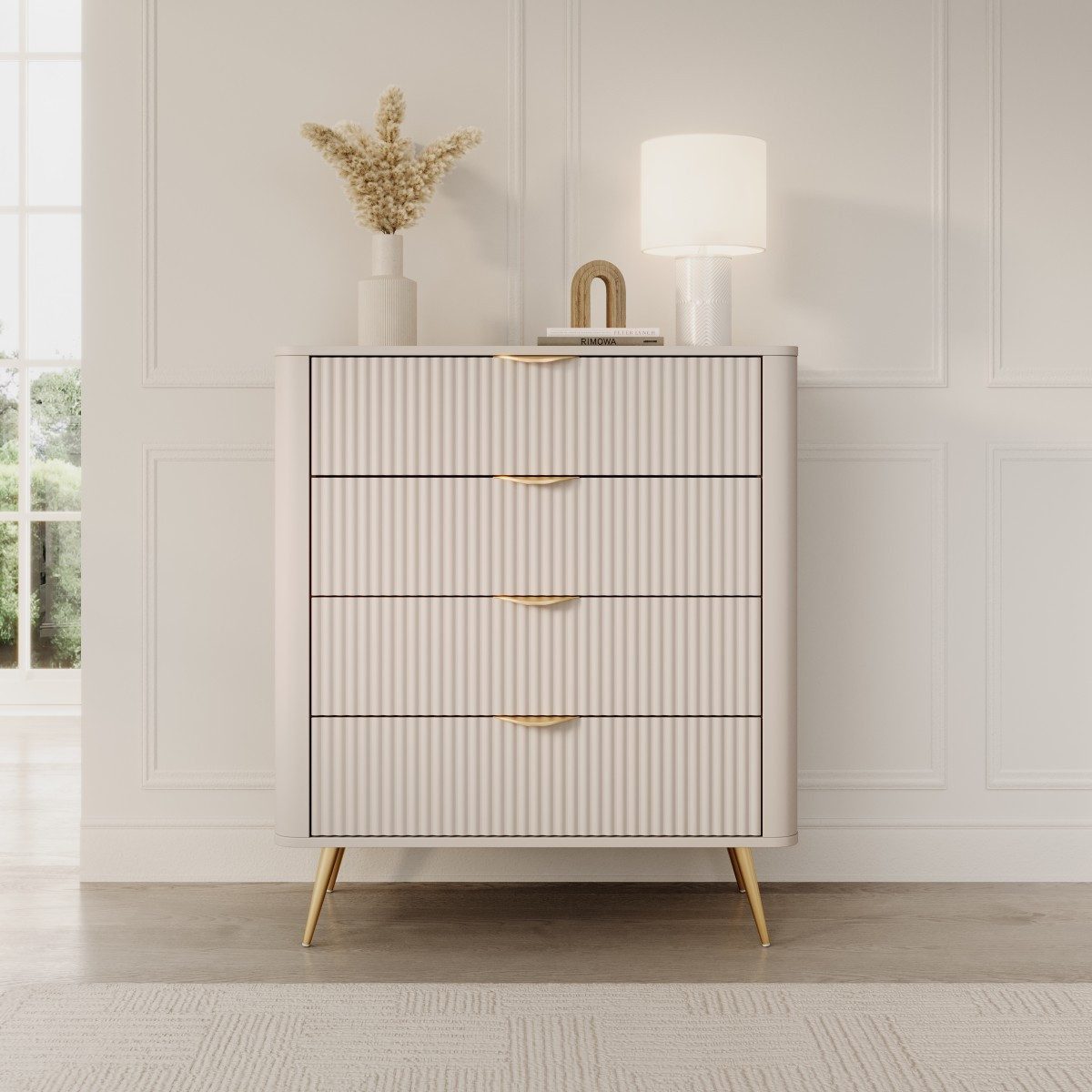 yourhouse24 Highboard Kommode Lante 88 cm – Beige / Kaschmir – Geriffelte Fronten (1 St., Ohne Dekoration)