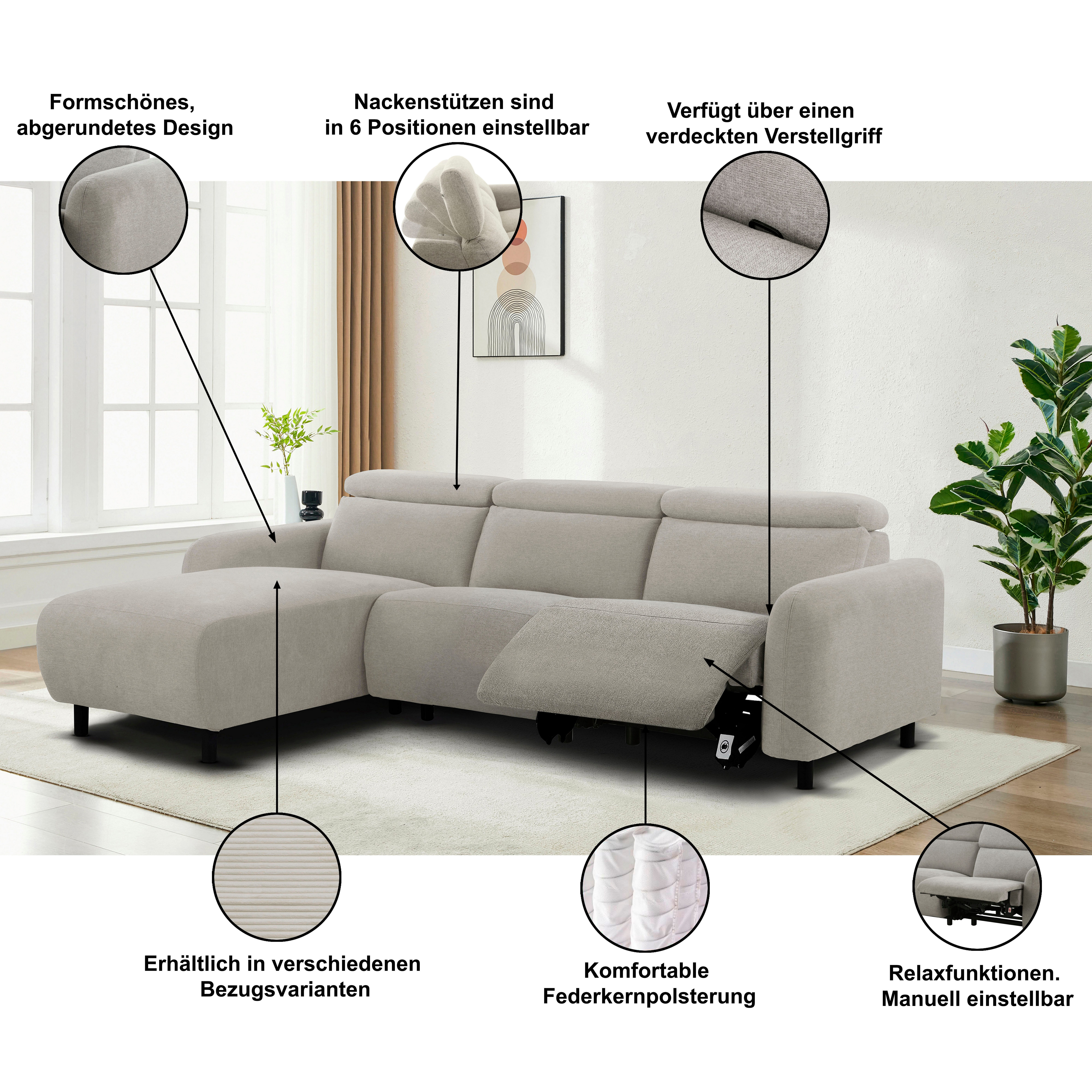 OTTO home Ecksofa SKAANE Struktur, L-Form, 274 cm, manuelle/elektrische Relaxfunktion, rundes Design, Kopfteilverstellung, Federkernpolsterung