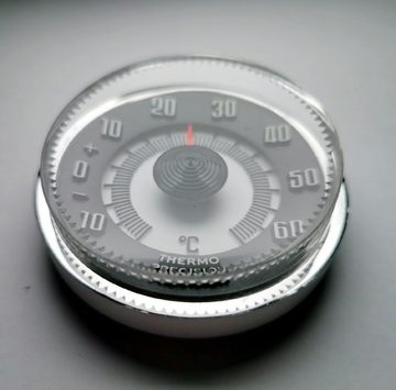 HR Autocomfort Raumthermometer Historisches Relief Skala Bimetall Thermometer Chromrand + Magnet + Pad aus 1960