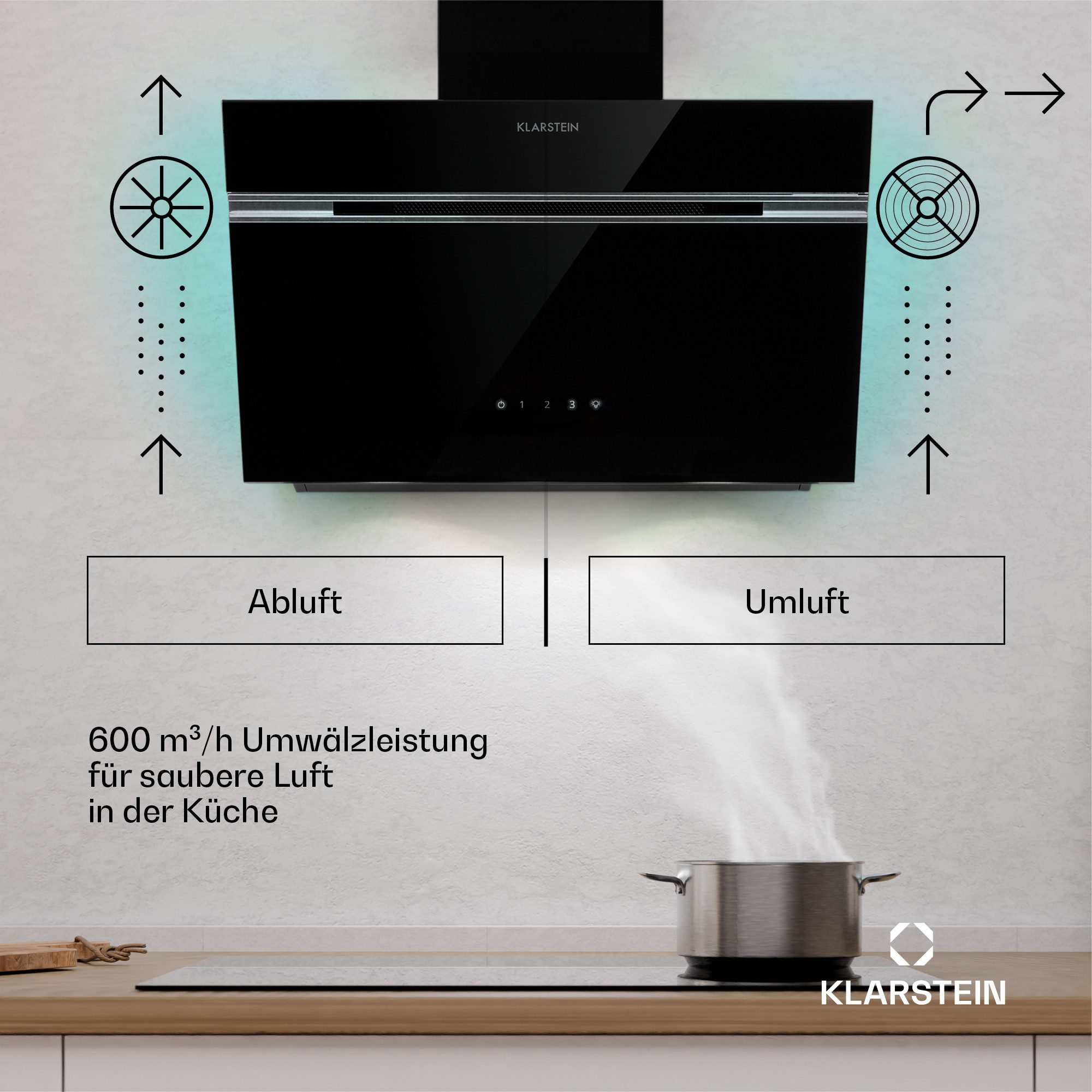 Klarstein Deckenhaube Alina Serie CGCH7-Alina-60BK Alina, Dunstabzugshaube Kopffreihaube Abzughaube Abluft Umluft