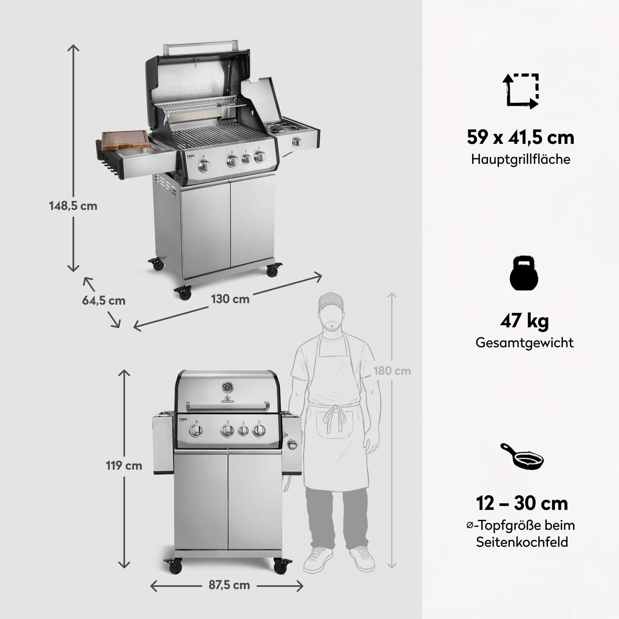 BURNHARD® Gasgrill 3-Brenner, 2x Edelstahl-Stabbrenner, 3,75 kW, Infrarot-Keramikbrenner, Infrarot-Keramikheckbrenner 3,2 kW, Seitenkochfeld, Edelstahlrost, Piezo-Zündung, für bis zu 10 Personen – FRED Deluxe, für bis zu 10 Personen – FRED Deluxe