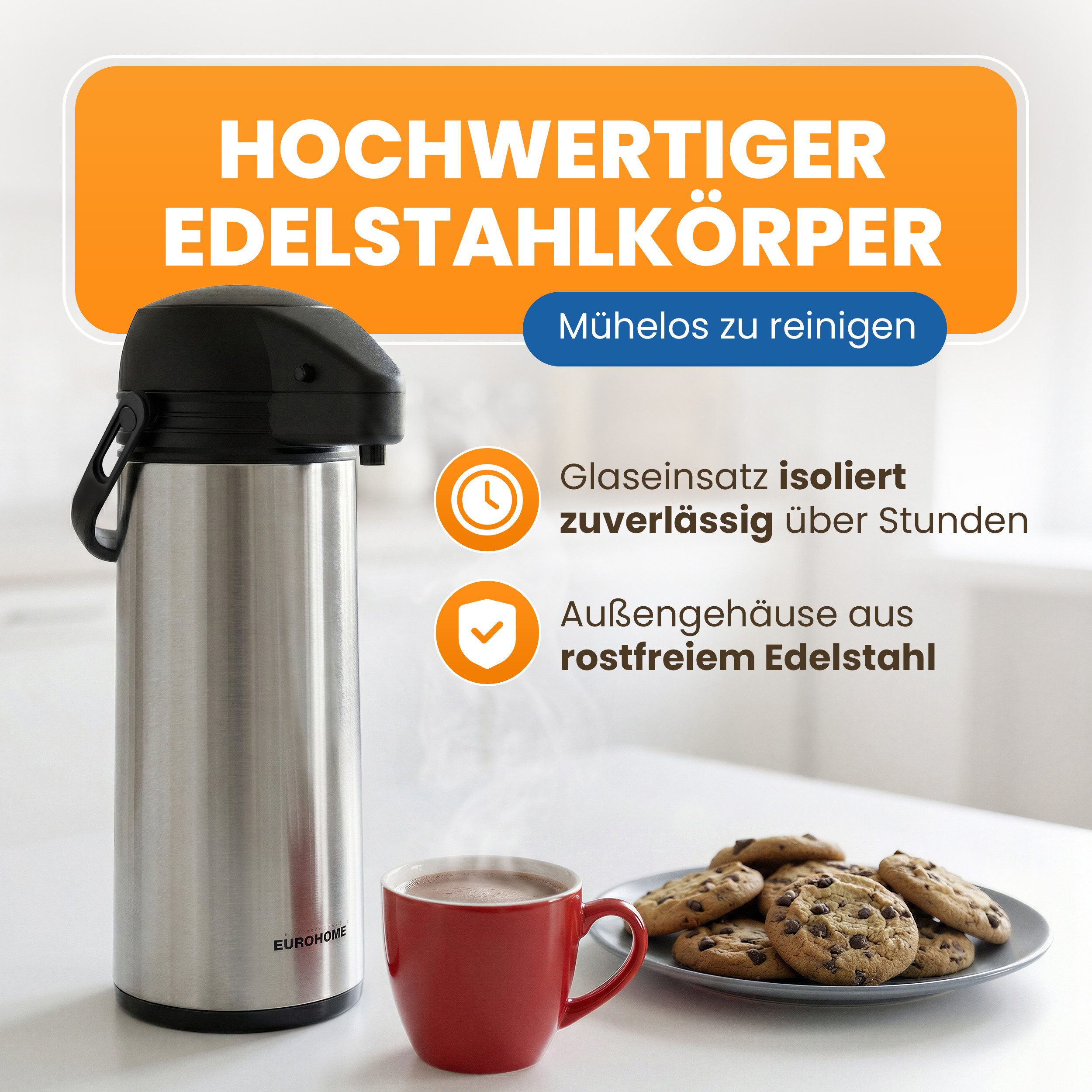 EUROHOME Pump-Isolierkanne Airpot Pumpkanne Edelstahl für 1,9 Liter mit Tragegriff, 1,9 l, (1-St., Thermoskanne 35 cm hoch), Isolierkanne mit Pumpfunktion - Pumpkannen