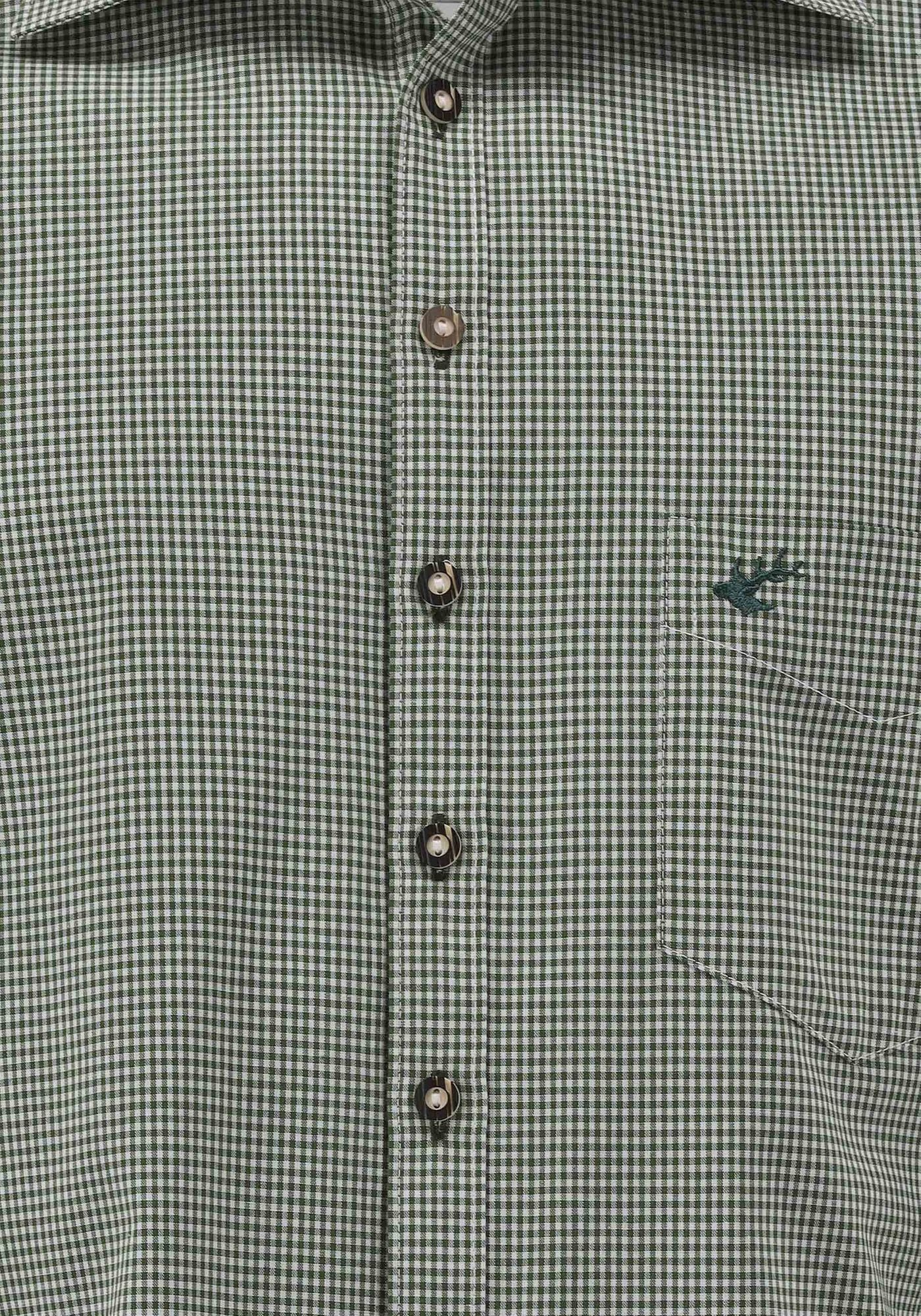 OS-Trachten Trachtenhemd Wacodu Langarmhemd auf khaki/schlamm Brusttasche Hirsch-Stickerei der mit