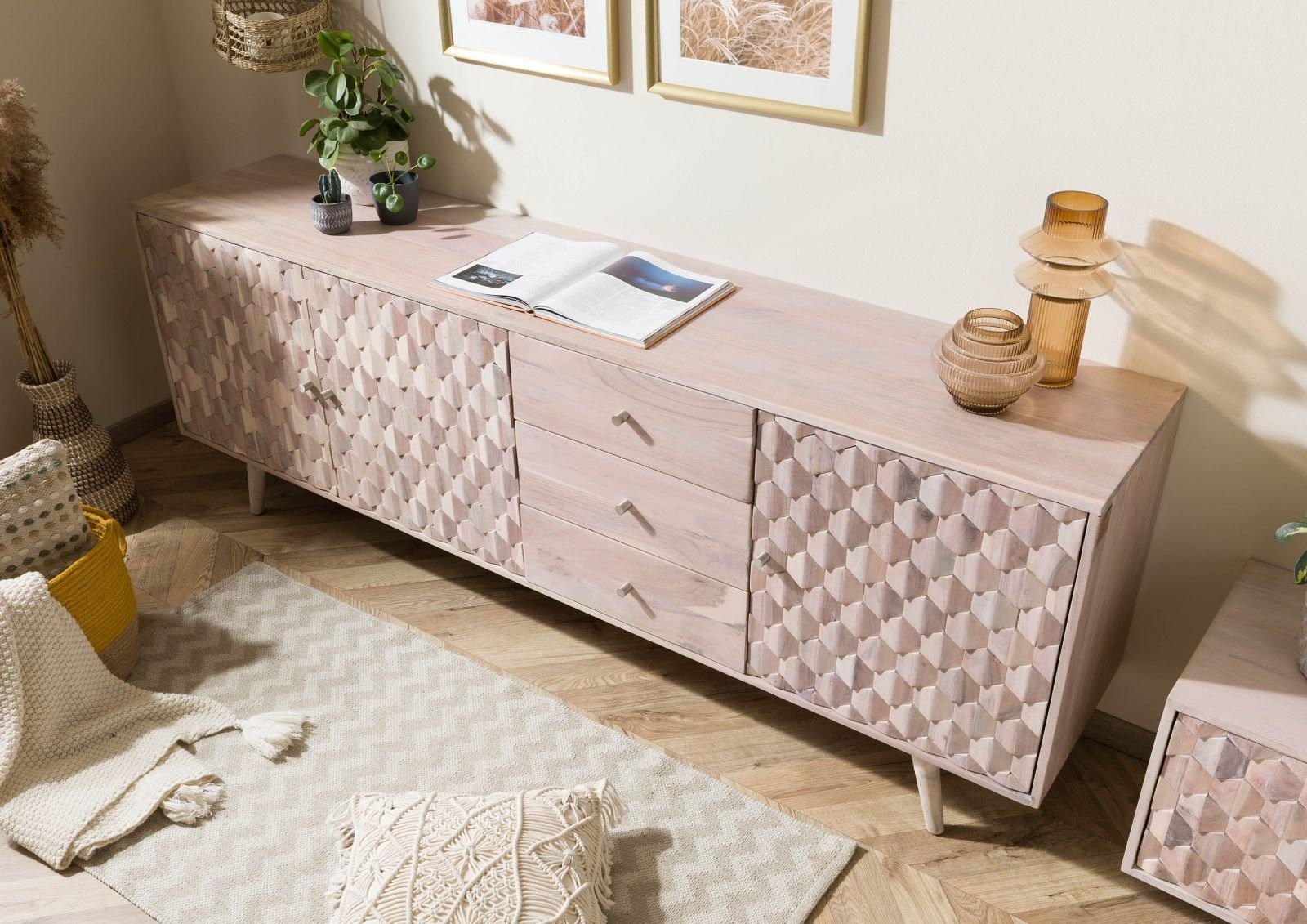 Massivmoebel24 Sideboard (Sideboard Akazie 210x42x75 weiß günstig online kaufen