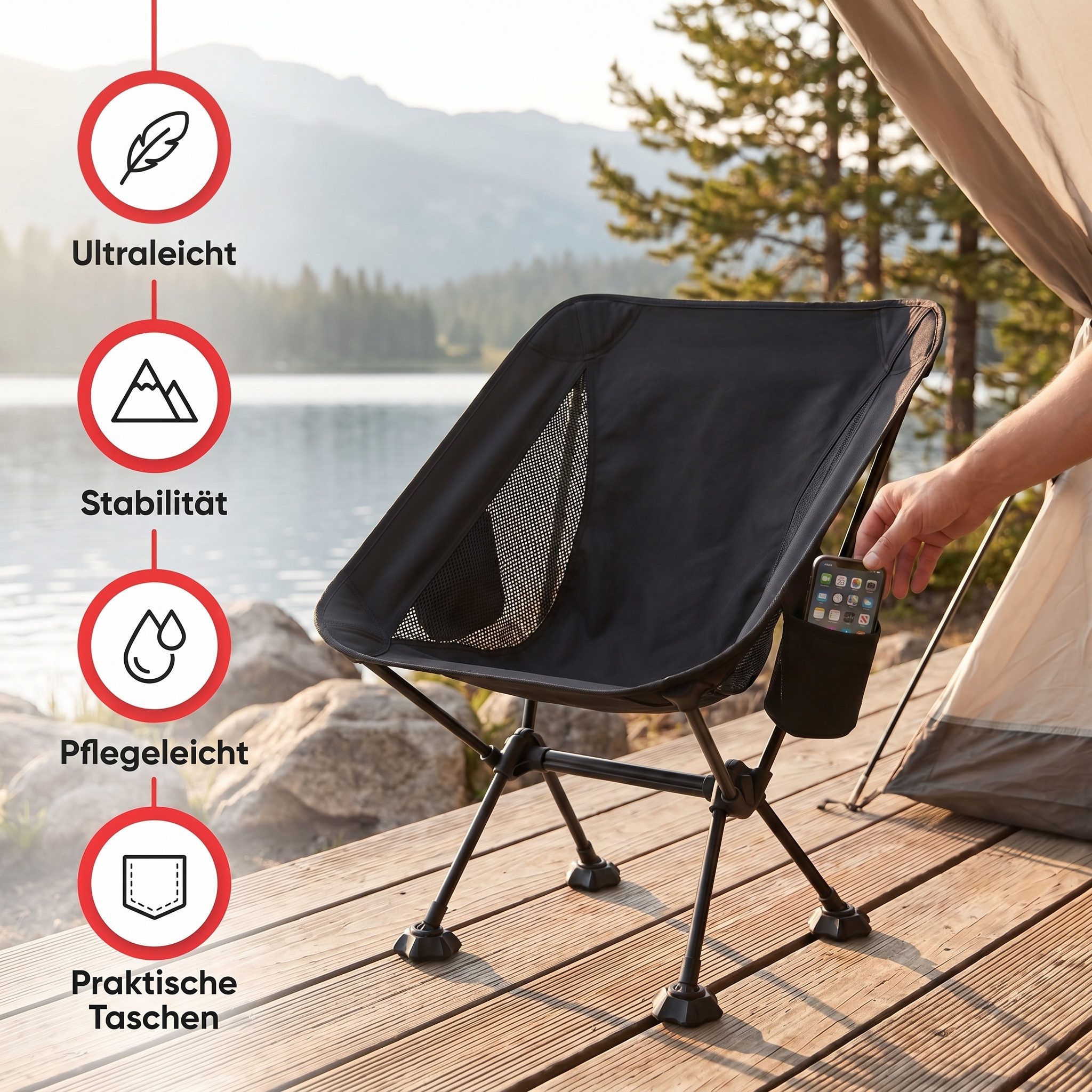 EVOCAMP Campingstuhl Gartenstuhl faltbar, bis 150 kg, klappbarer Anglerstuhl für Camping, mit Getränkehalter & Seitentasche