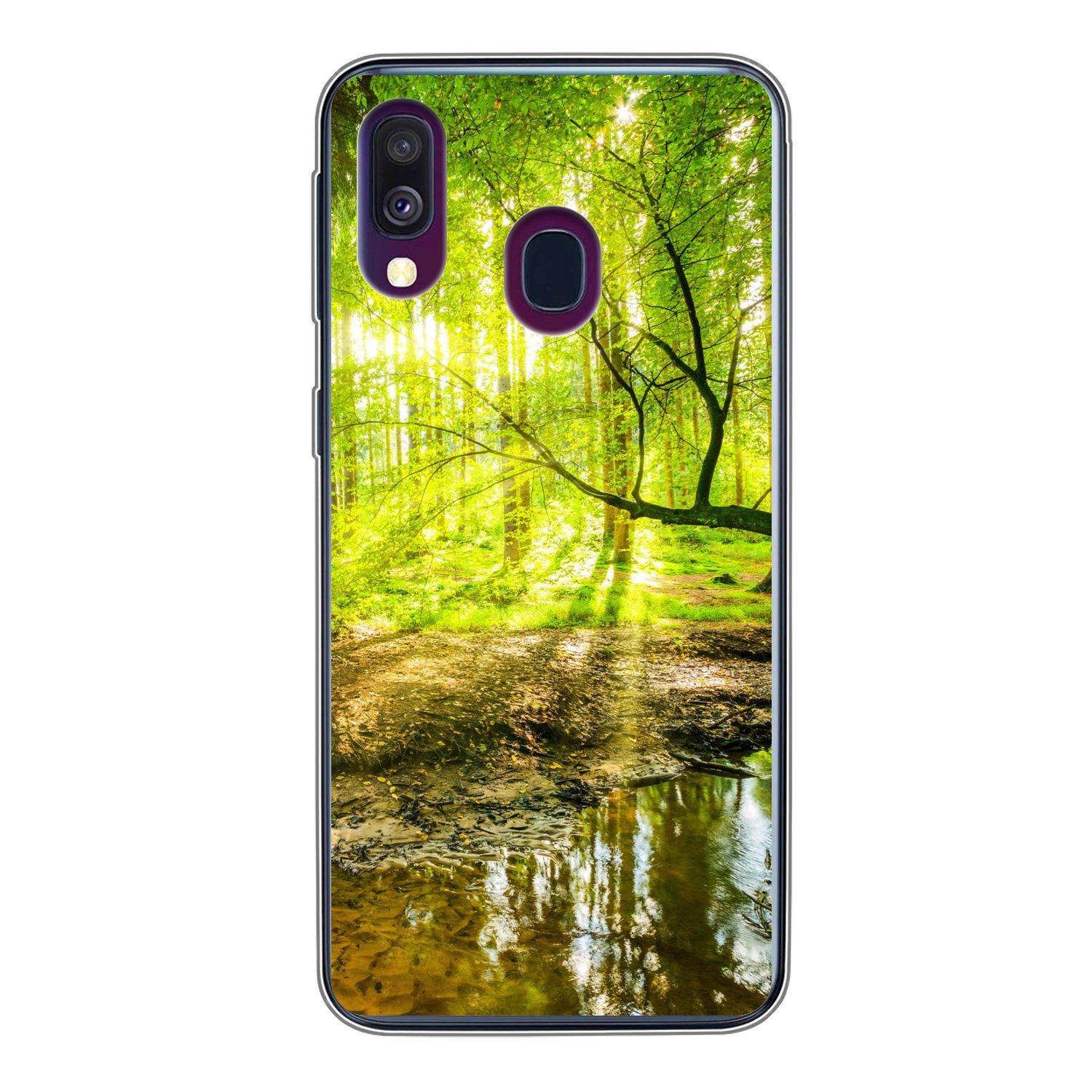 MuchoWow Handyhülle für Samsung Galaxy A40 Wald - Landschaft - Wasser - Bäume - Sonne - Gr, Smartphone-Bumper, Print, Handy Schutzhülle Dünn