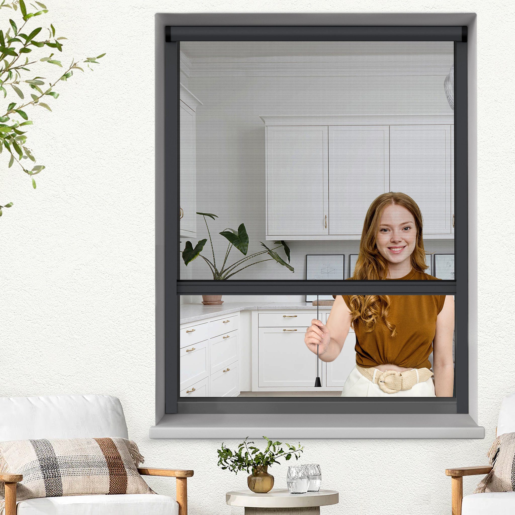 Insektenschutzrollo Rollo Fenster 60x100cm anthrazit Fliegengitter Aluminium, jalousiescout, transparent, mit Bohren, in Führungsschienen, zum Schrauben, Alumin – Bild 2 von 5