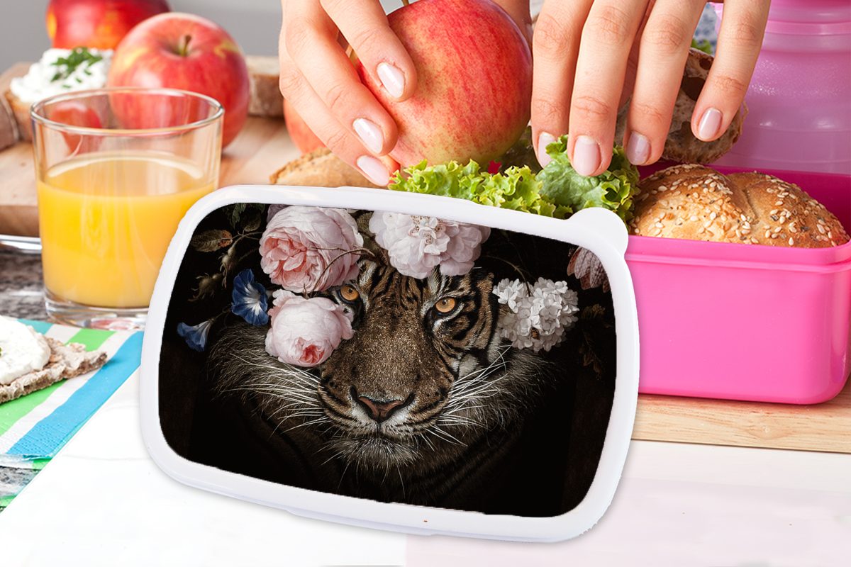 MuchoWow Lunchbox Tiger - Brotbox für - (2-tlg), Erwachsene, Kunststoff Blumen Brotdose rosa Porträt, Kinder, Mädchen, Snackbox, Kunststoff