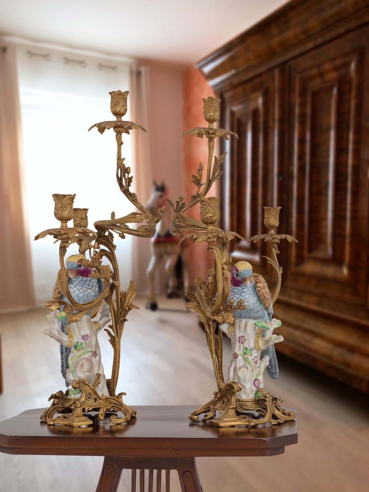 Aubaho Dekoobjekt Set 2-teilig Kerzenständer Papagei Kerzenhalter Porzellan Bronze Antik