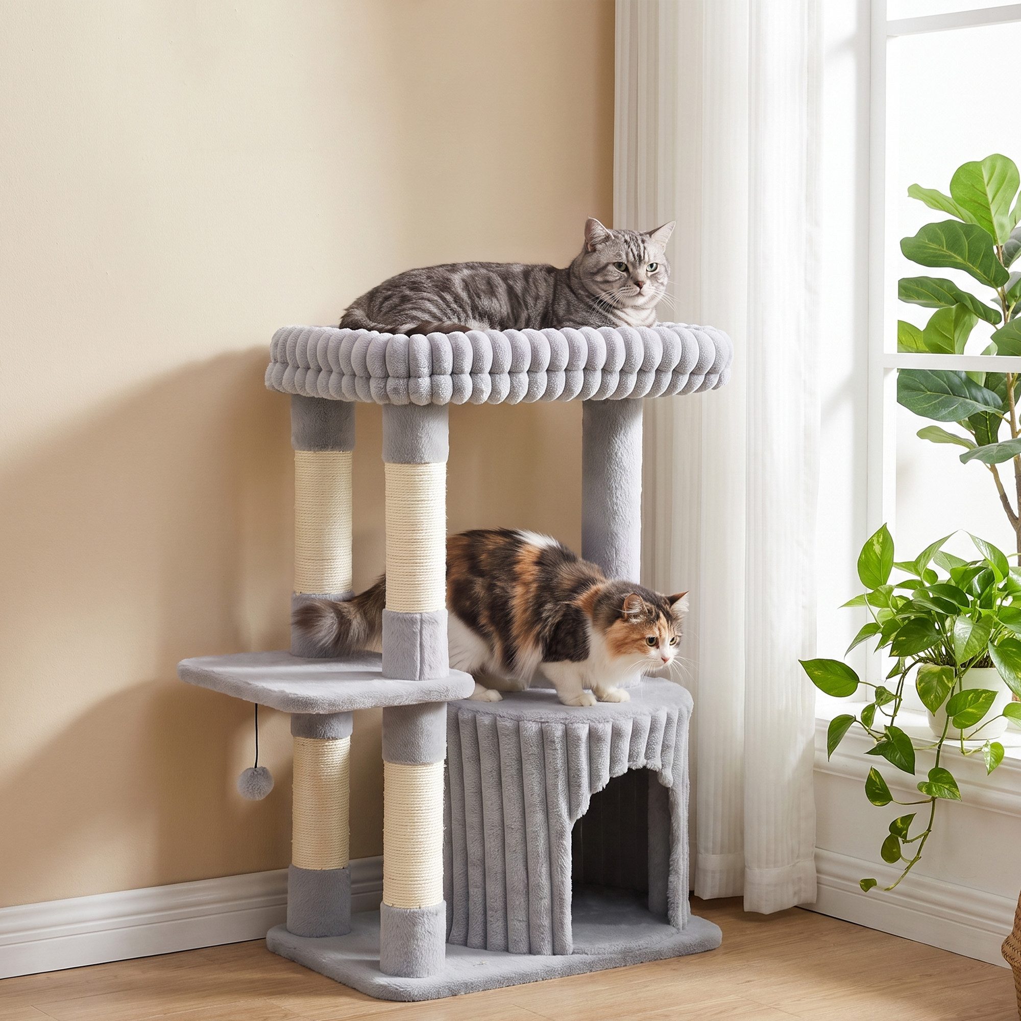 PawHut Kratzbaum Katzen-Aktivitätscenter 93 cm mit großer Höhle, Grau, 60x40x93 cm