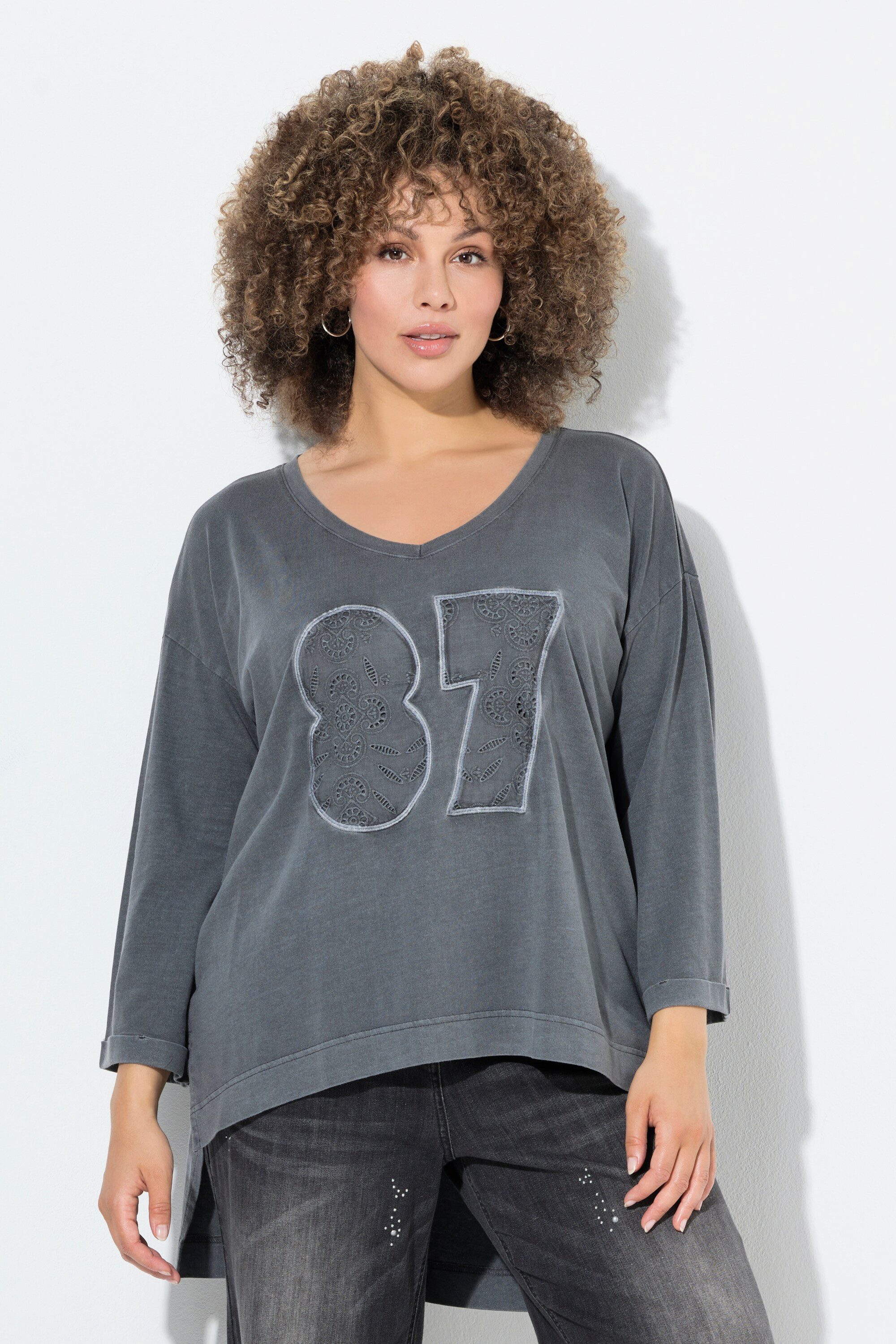 Ulla Popken Longshirt Shirt Oversized V-Ausschnitt 3/4-Arm hinten länger günstig online kaufen