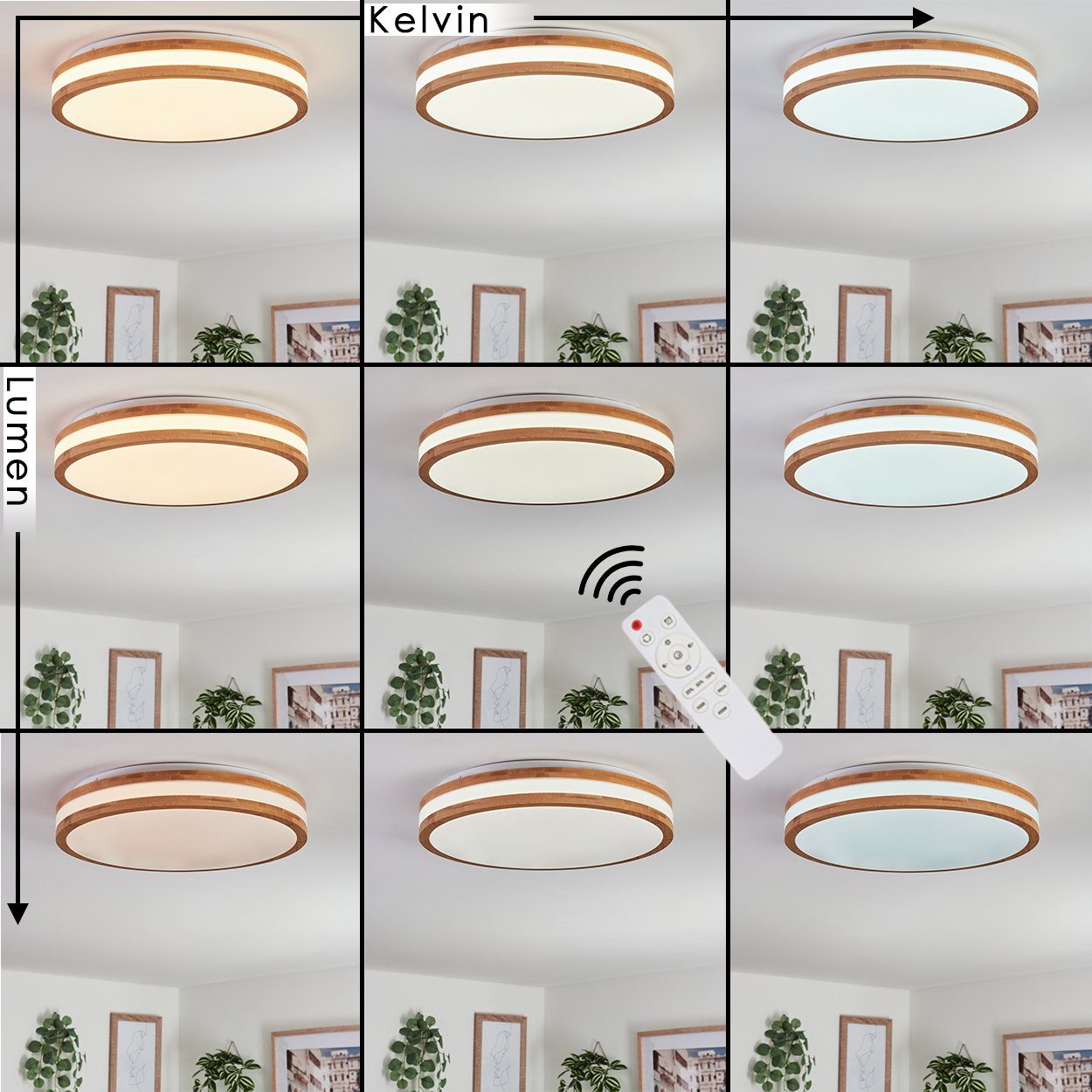 hofstein Deckenleuchte dimmbare Deckenlampe aus Metall/Bambus/Kunststoff in Weiß/Natur, LED fest integriert, 3000 - 6000 Kelvin, Leuchte im Boho-Design, 2500 Lumen, LED 24 Watt, inkl. Fernbedienung