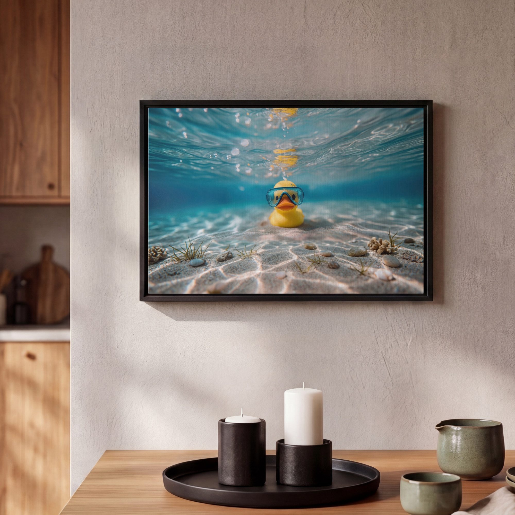 OneMillionCanvasses® Leinwandbild mit Rahmen - Schwimmbrille - Ente - Wasser, Fotodruck (1 St), Bilder, Zimmer Wand Bild Dekoration 30x20cm