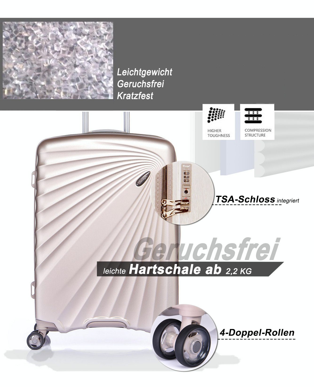 28" 4 Doppelrollen, L, Hartschalen-Trolley 4 Verage Volumenerweiterung, TSA-Zahlenschloss Gold Rollen, Kinetic