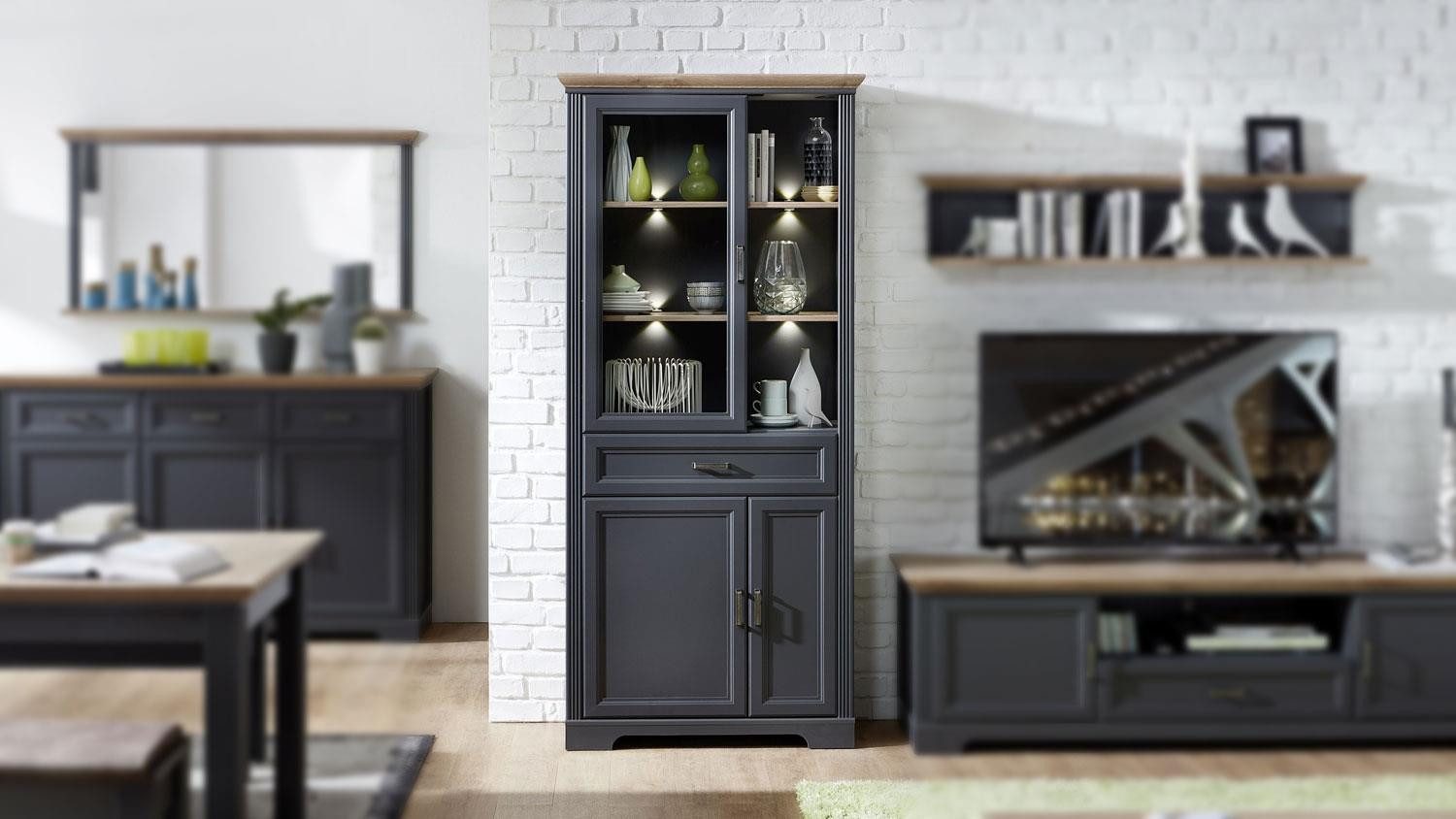 Innostyle Vitrine Vitrine Jasmin Standvitrine graphit und Artisan Eiche 93x204 cm