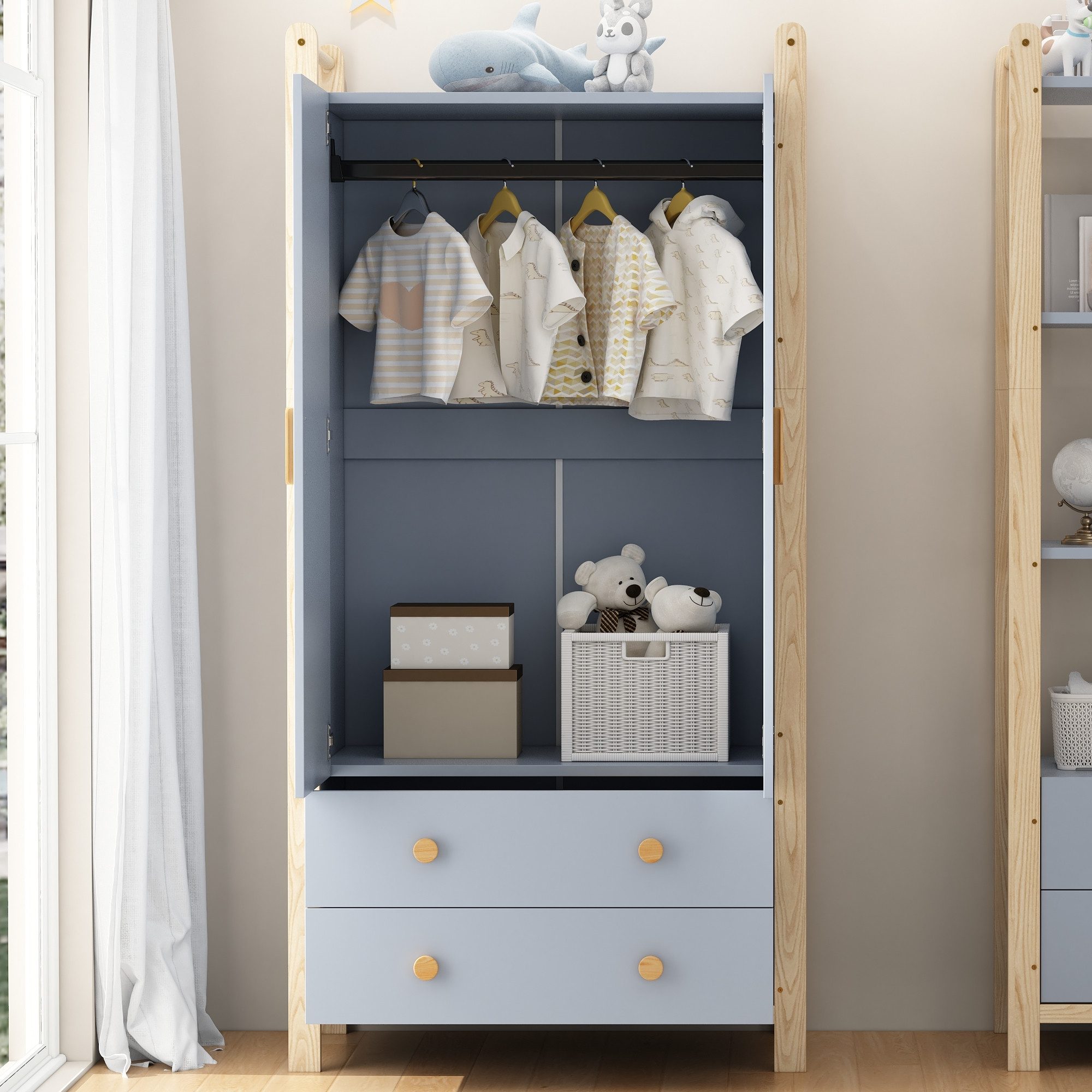 REDOM Kleiderschrank 2-türiger Schrank mit Kiefernholzrahmen (Flurgarderobe, Highboard, 1-St., mit Kleiderstange, 2 Schubladen) 2-türiger Lagerschrank