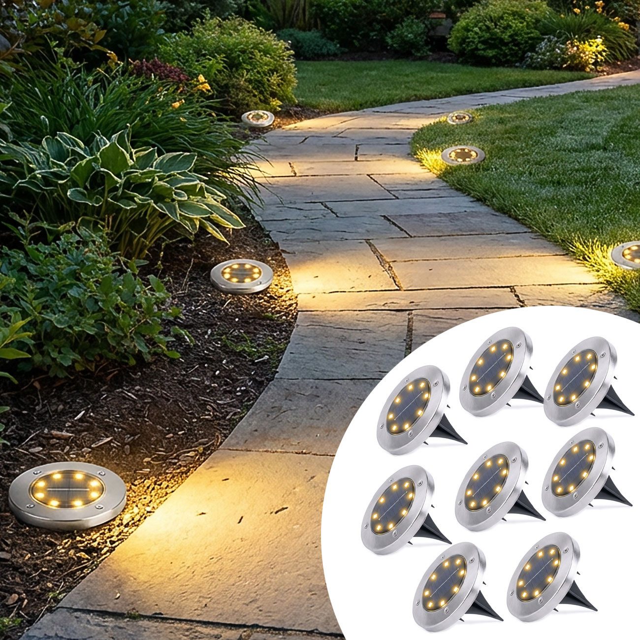Casativo Gartenstrahler Solar-Bodenstrahler 200lm IP44 Erdspieß Garten-Außenleuchte Ø 11,5cm, LED fest integriert, 8-LEDs je Strahler, Wegleuchte, Dämmerungssensor & 6-8h Leuchtdauer