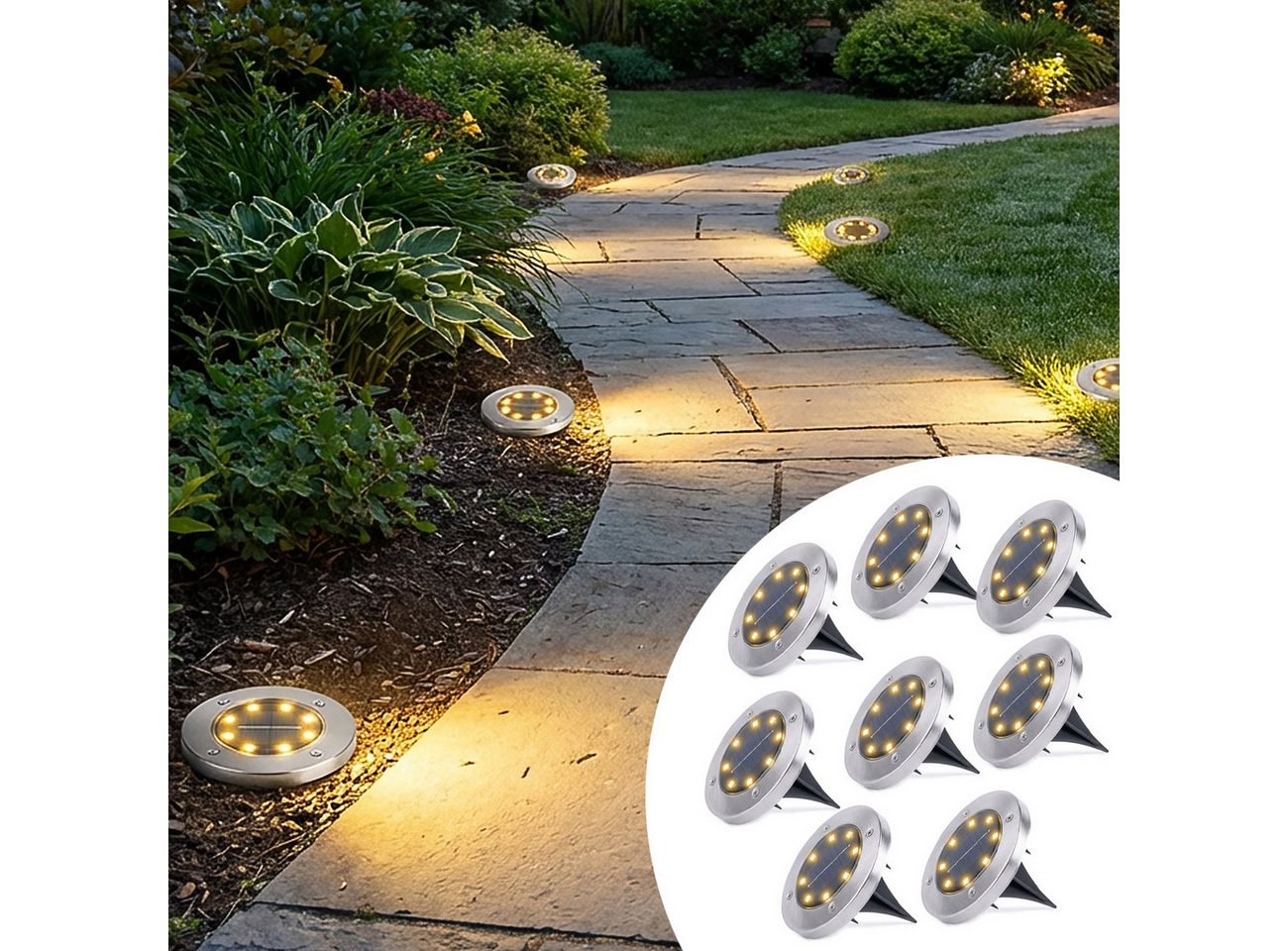 Casativo Gartenstrahler Solar-Bodenstrahler 200lm IP44 Erdspieß Garten-Außenleuchte Ø 11,5cm, LED fest integriert, 8-LEDs je Strahler, Wegleuchte, Dämmerungssensor & 6-8h Leuchtdauer
