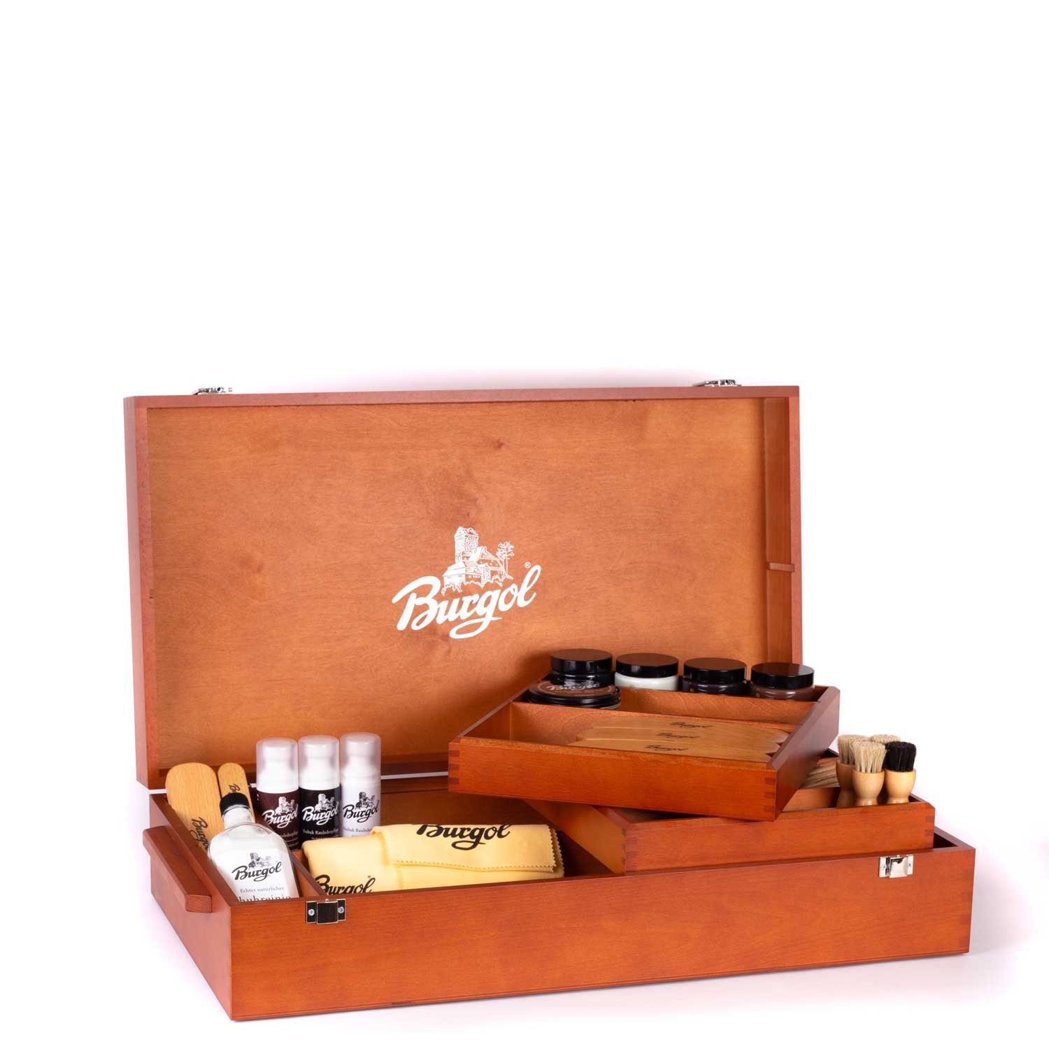 Burgol Schuhkiste Edler Schuhputzkasten in hellbraun - befüllt
