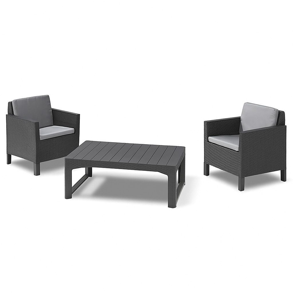 Keter Gartenlounge-Set "Chicago", (2 Sessel und 1 Tisch, 3-tlg., mit Kissen), Maße: Tisch 59 x 58 x 43 cm, Sessel 65 x 65 x 76 cm (B x T x H)
