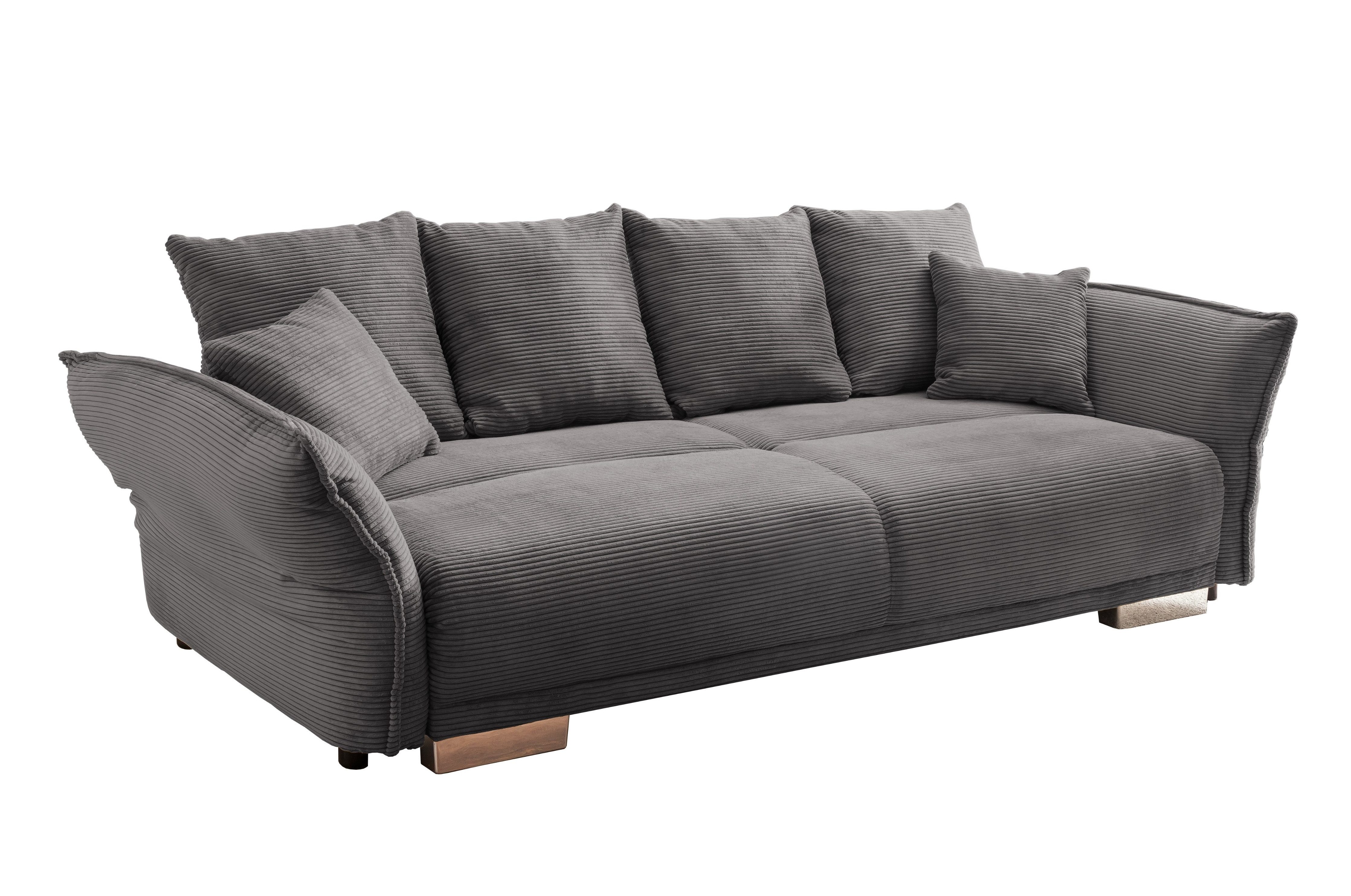 luma-home Big-Sofa 17214, mit Bettfunktion B242/T131/H90 cm, Liegefläche 168x199 cm, rasterlose Armlehnenverstellung, Federkernpolsterung, Wellenunterfederung, Stauraum, Kissen, Bezug Cord Grau Anthrazit