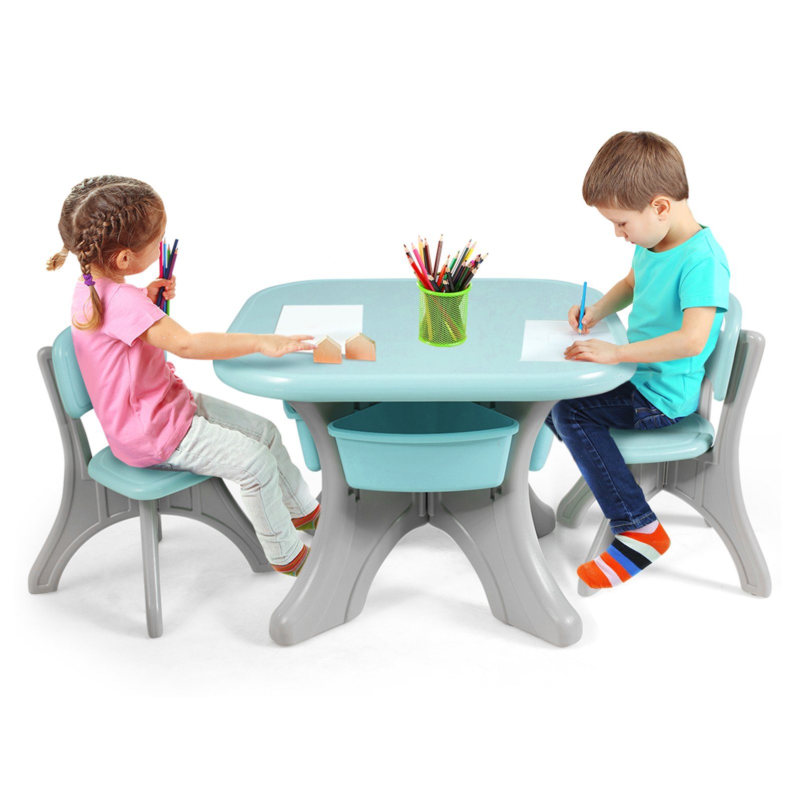 COSTWAY Kindersitzgruppe, mit 2 Kunststoff Stühlen&Kindertisch, mit Stauraum, Grün