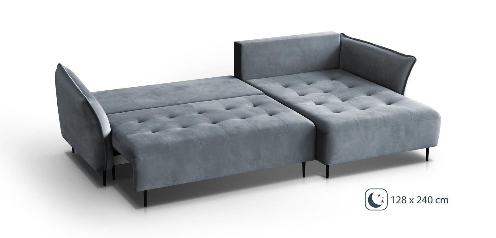 Beautysofa Polsterecke Bali, mit Schlaffunktion, Bettkasten, universelle Ottomane, Polsterecksofa mit schwarze Metallbeine,Schlafcouch