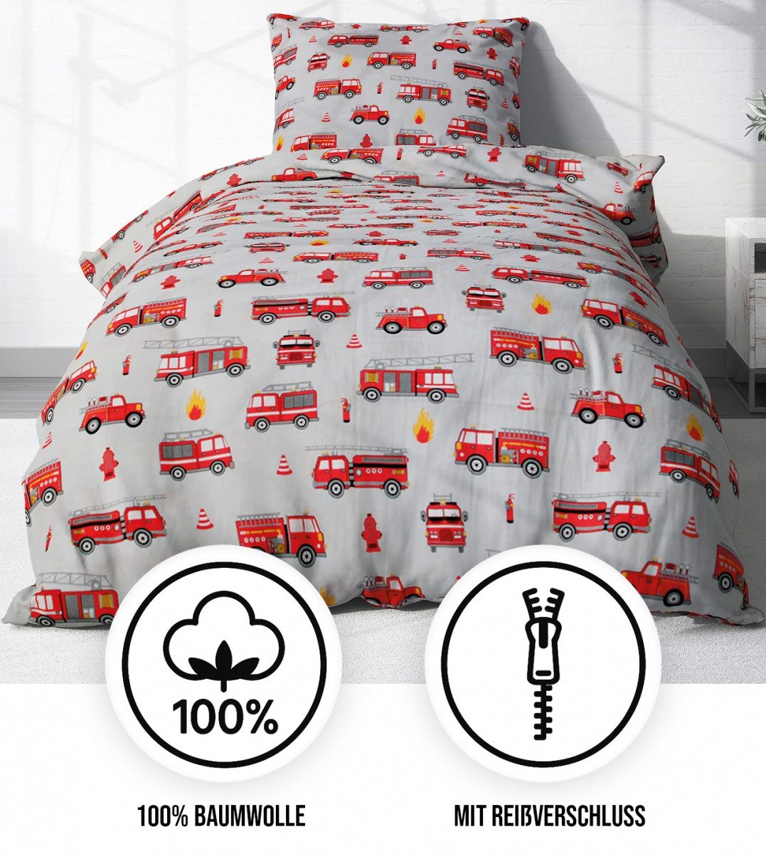 Heubergshop Kinderbettwäsche, Renforcé, 2 teilig, 135x200cm und 80x80cm - Feuerwehr 100% Baumwolle Kinder (EW-Feuerwehr)