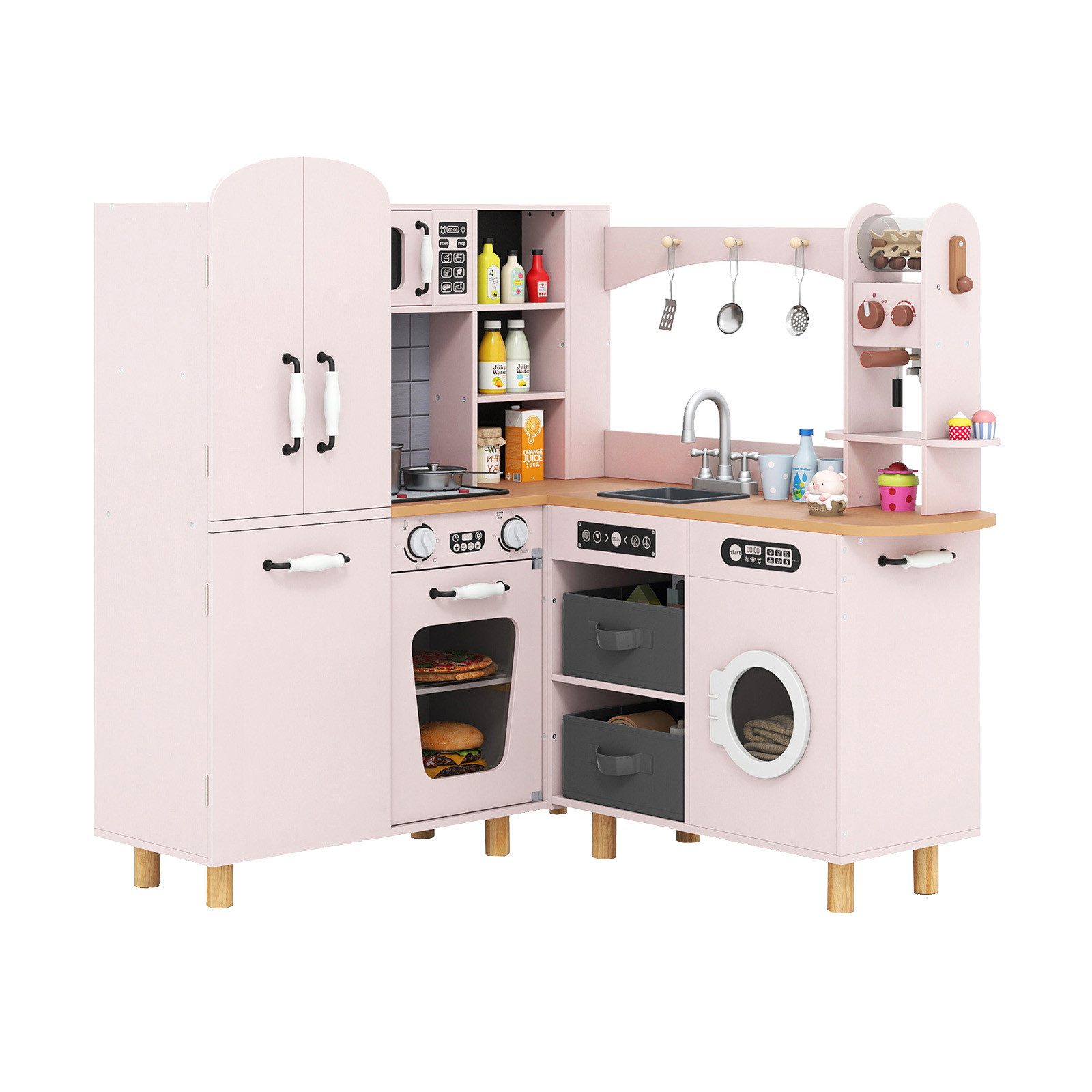 COSTWAY Spielküche Holz, Eck-Spielküche für Kinder mit Kühlschrank, Waschmaschine