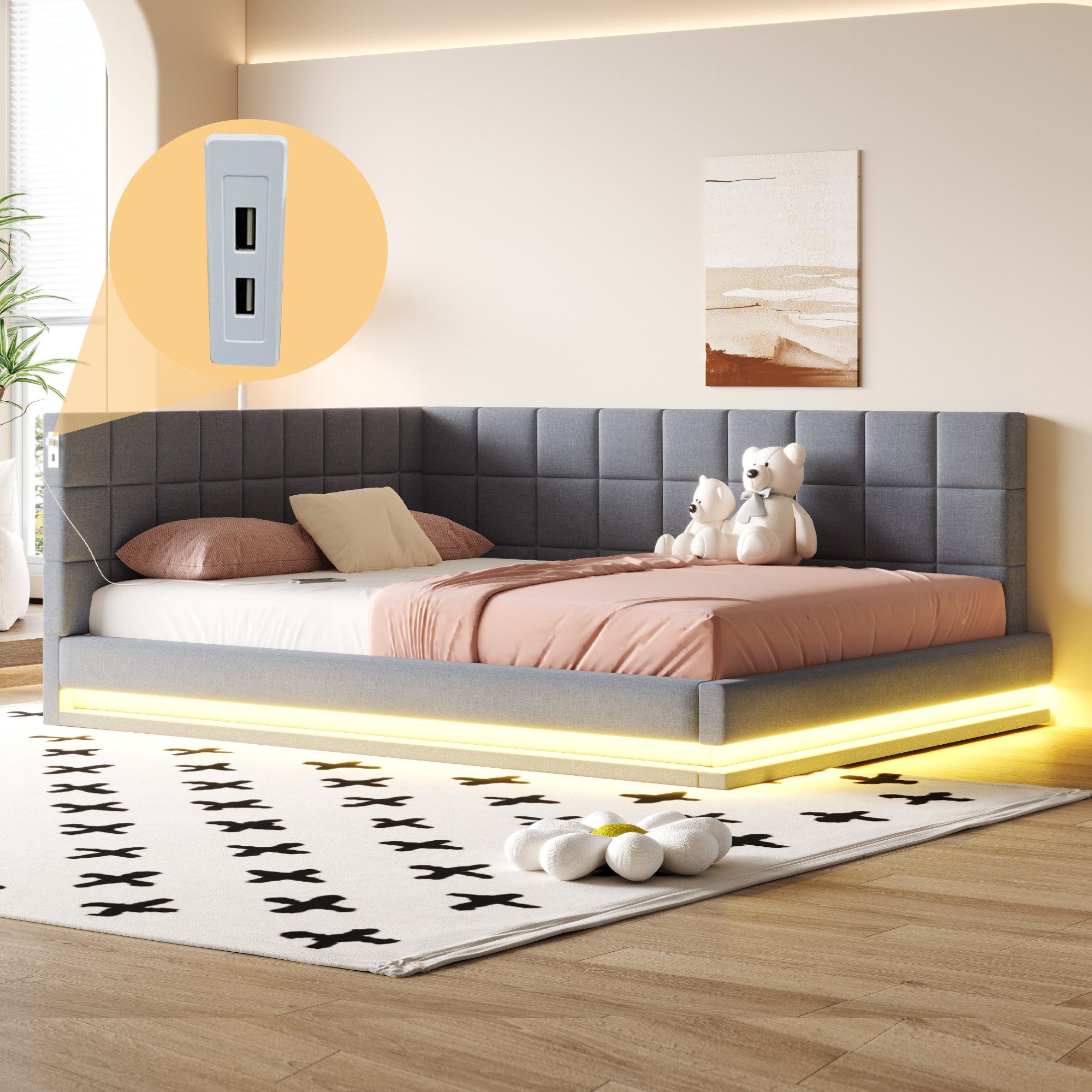 REDOM Schlafsofa Polsterbett,Funktionsbett,Jugendbett, Multifunktionales Polsterbett-Schlafsofa mit LED-Lichtleiste und USB-Anschluss., ohne Matratze