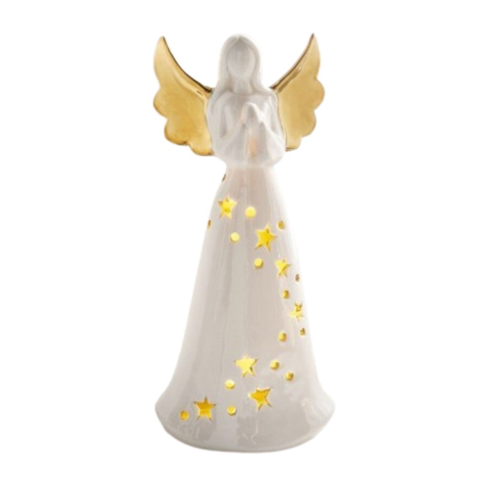 Home-trends24.de LED-Dekofigur Engel Figur Deko Weihnachten Weiß Gold Batterie Porzellan