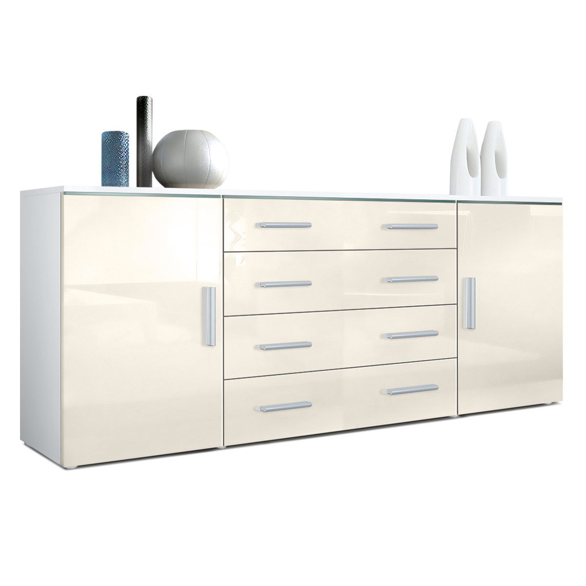 Vladon Sideboard Faro (Kommode, mit 2 Türen und 4 Schubladen), Weiß matt/Creme Hochglanz (166 x 72 x 35)