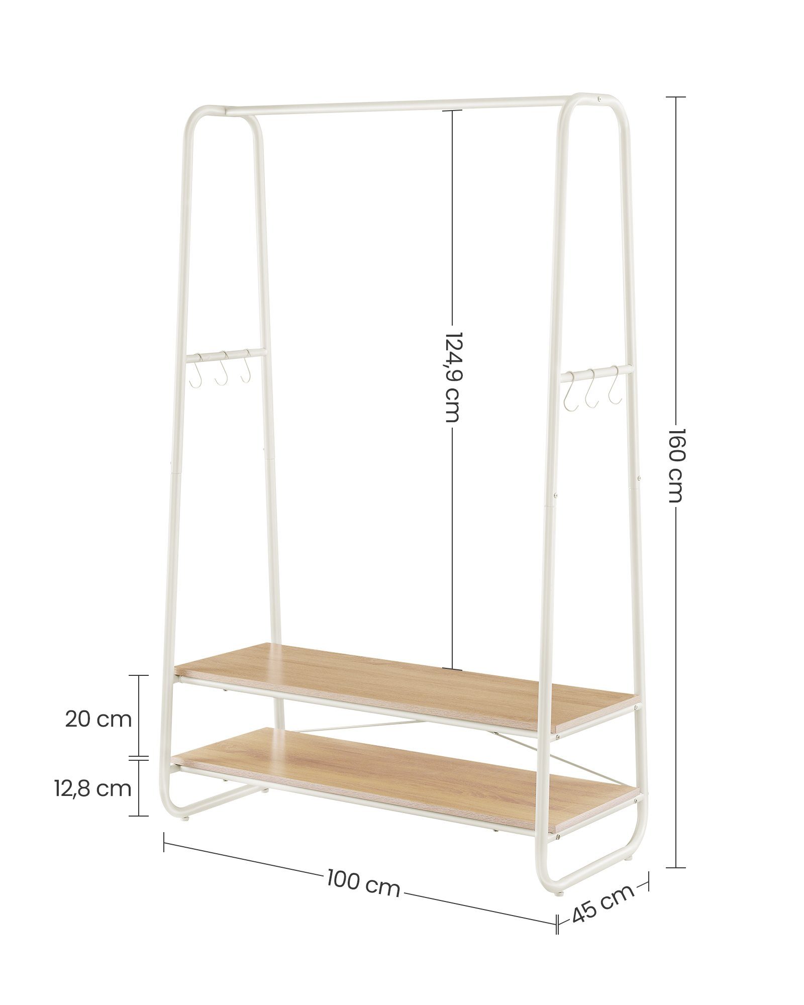 Stahlgestell, 6 x Kleiderständer, Eichenfarben-Cremeweiß VASAGLE 160 Haken, 45 cm x 2 Ablagen, 100