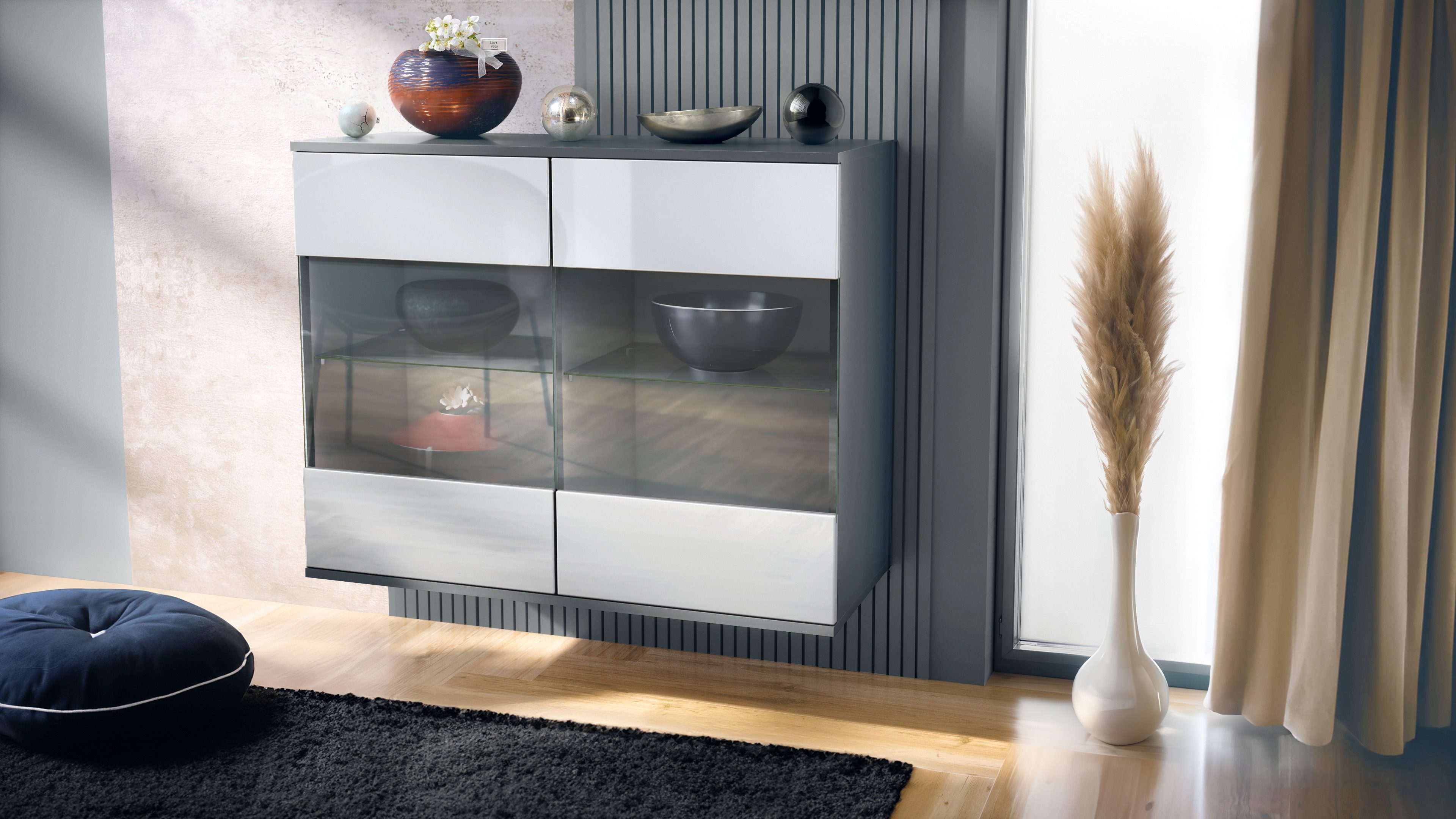 Vladon Kommode Bari V3 (Moderner Küchenschrank, mit 2 großen Glastüren), Anthrazit matt / Weiß Hochglanz (92,5 x 73.5 x 35)