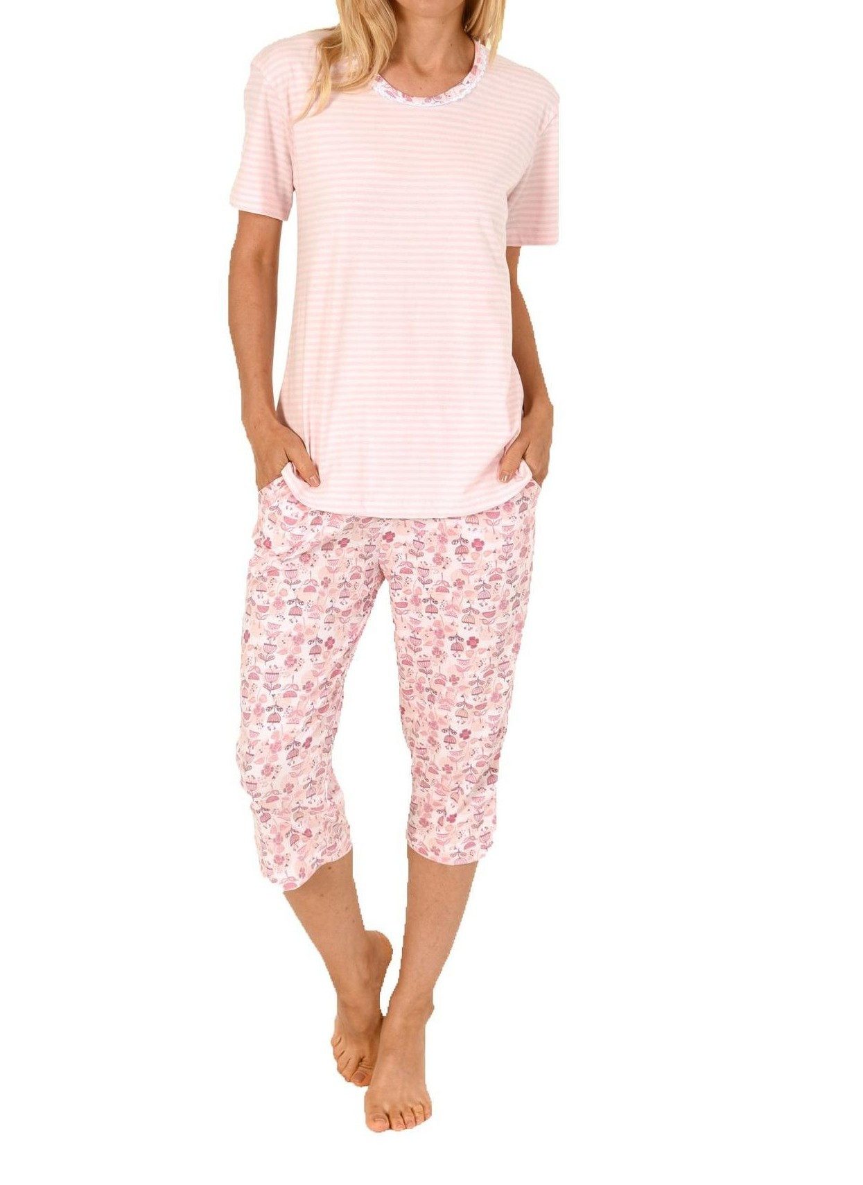Pyjama Damen Capri Schlafanzug mit Spitzenbesatz - auch in Übergrößen
