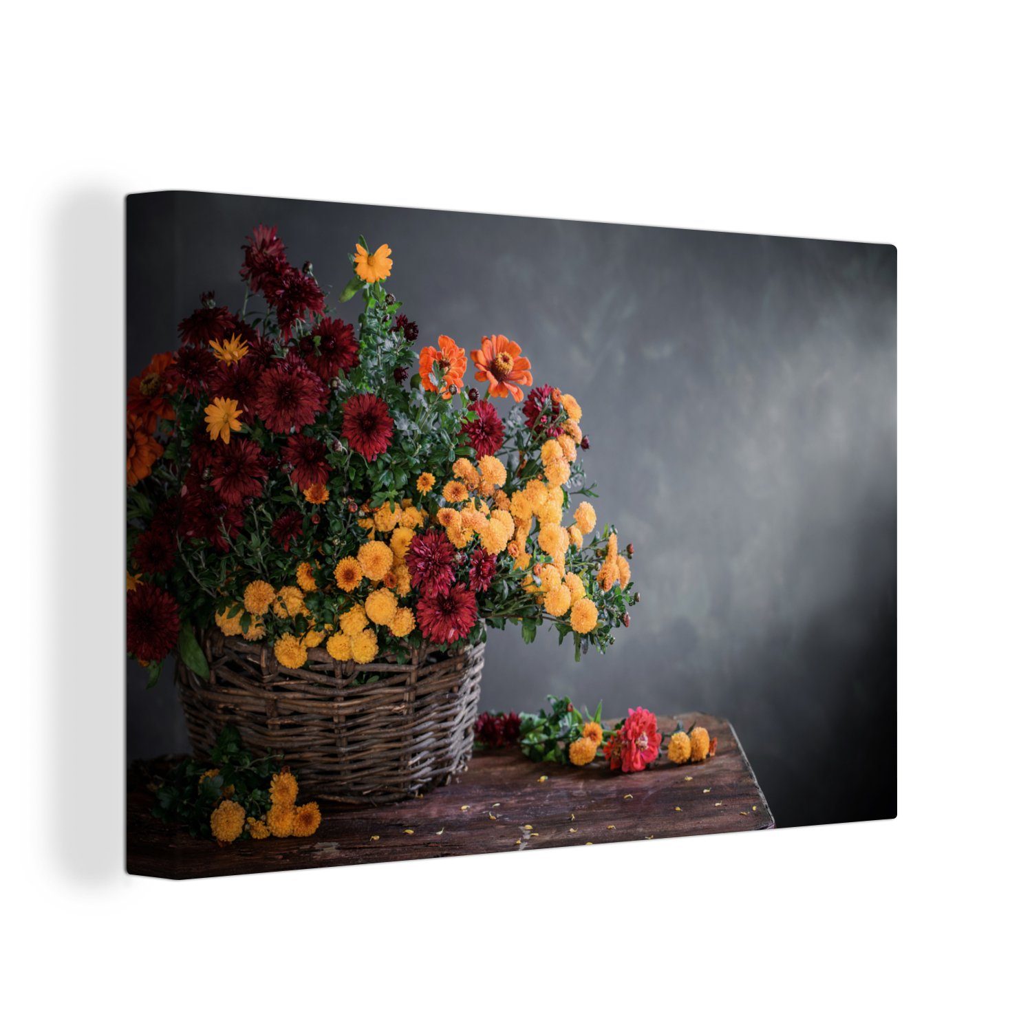 OneMillionCanvasses® Leinwandbild Stilleben - Korb - Chrysantheme, (1 St), Wandbild Leinwandbilder, Aufhängefertig, Wanddeko, 30x20 cm