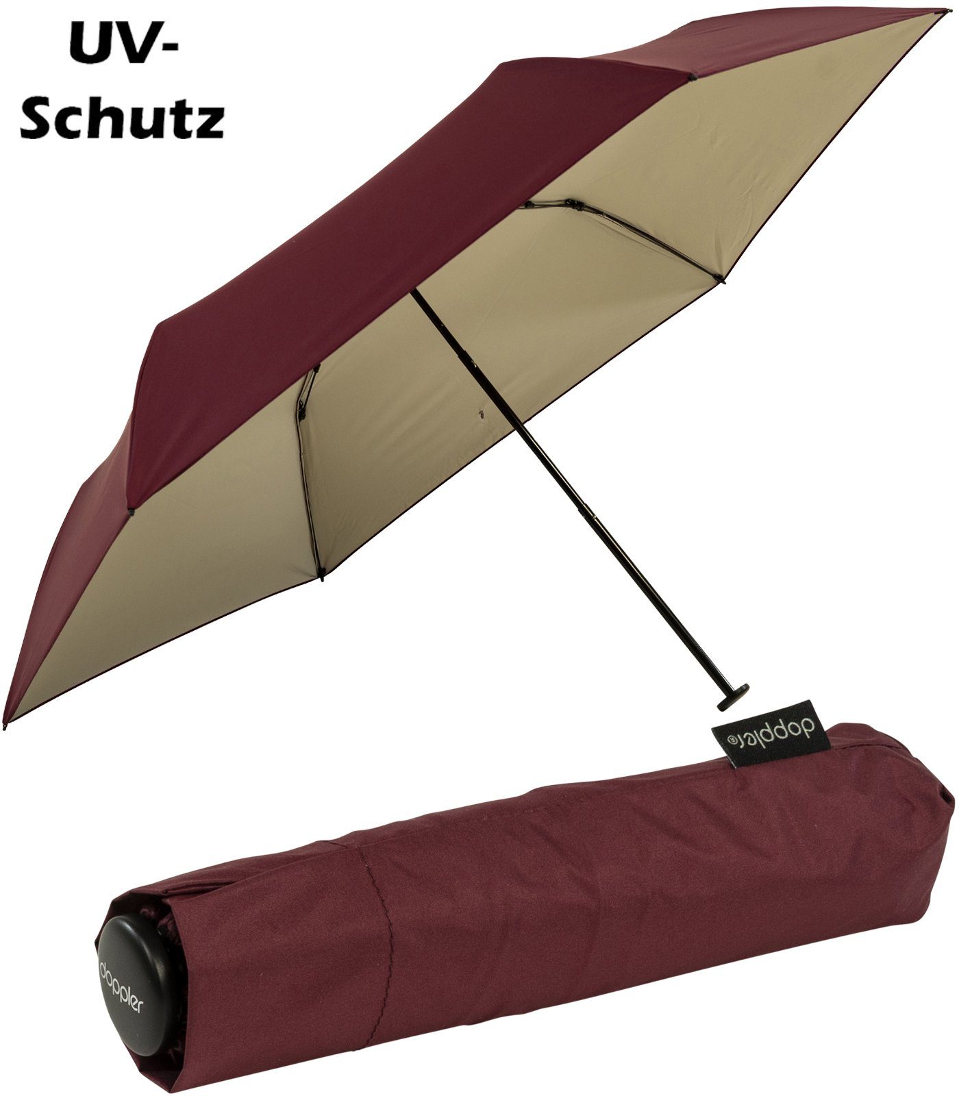 doppler® Taschenregenschirm für Damen, winzig klein und sehr leicht, UV-Schutz, außen berry, innen elfenbein - ein Hingucker berry-elfenbein