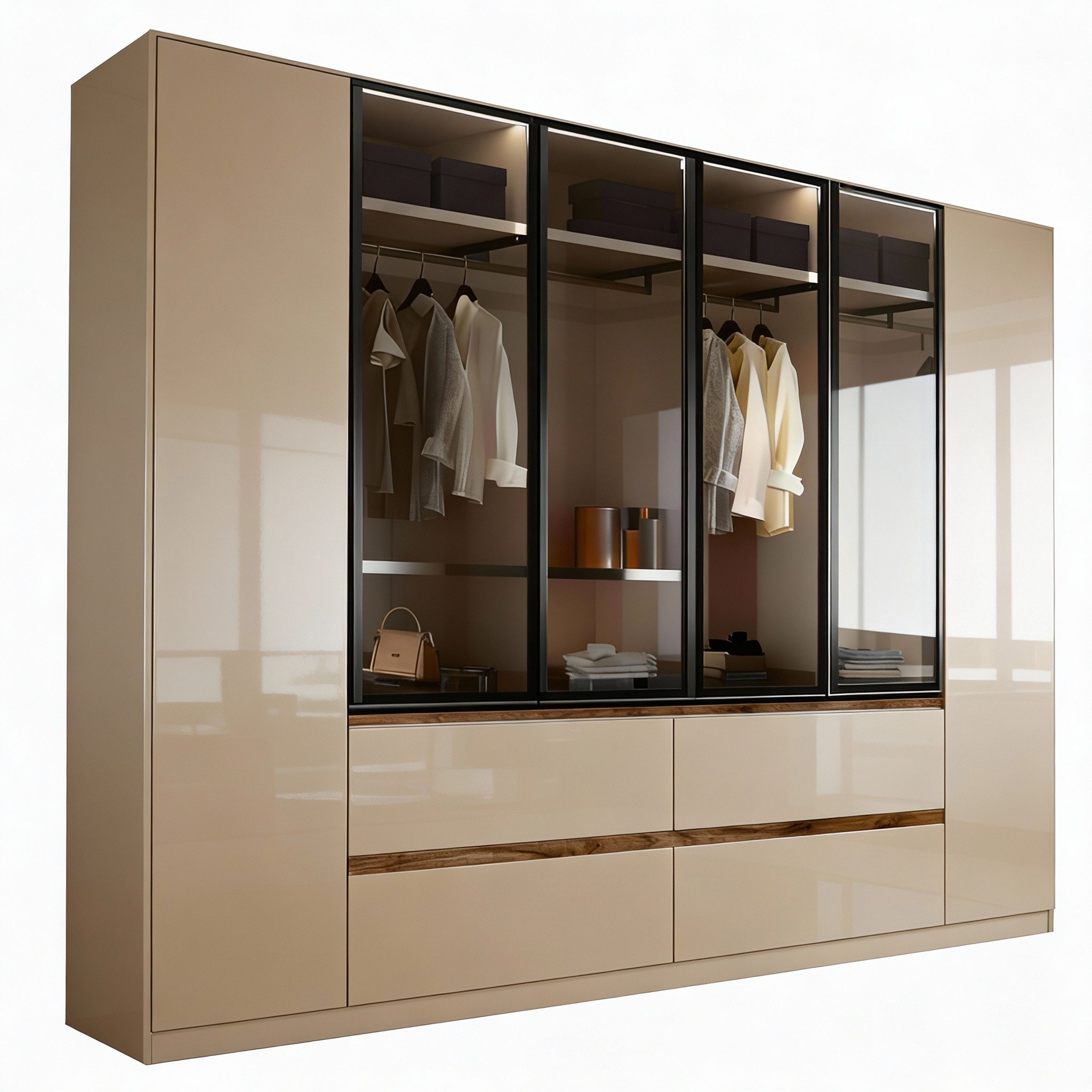 Palms-Store Kleiderschrank Rotterdam mit Glasfront und komplettem Zubehörpaket ca. Maße in cm: Breite:300cm, Höhe:218cm, Tiefe:62cm