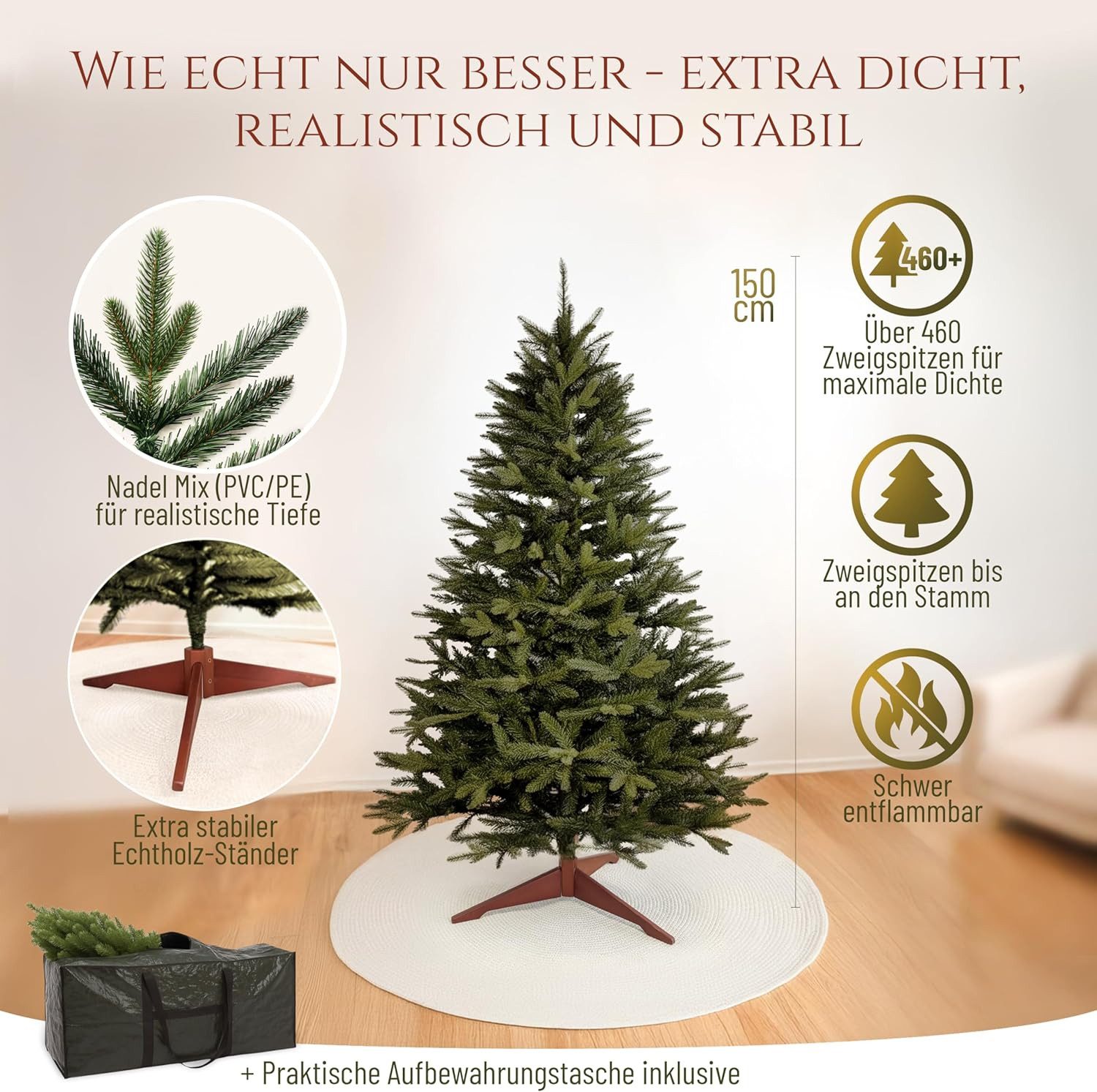 PURE LIVING INTERIOR DESIGN Künstlicher Weihnachtsbaum Nordmanntanne naturgetreu mit Holzständer, erhältlich in 90-250 cm, Nordmanntanne, Elegant, Stilvolle Dek – Bild 3 von 5