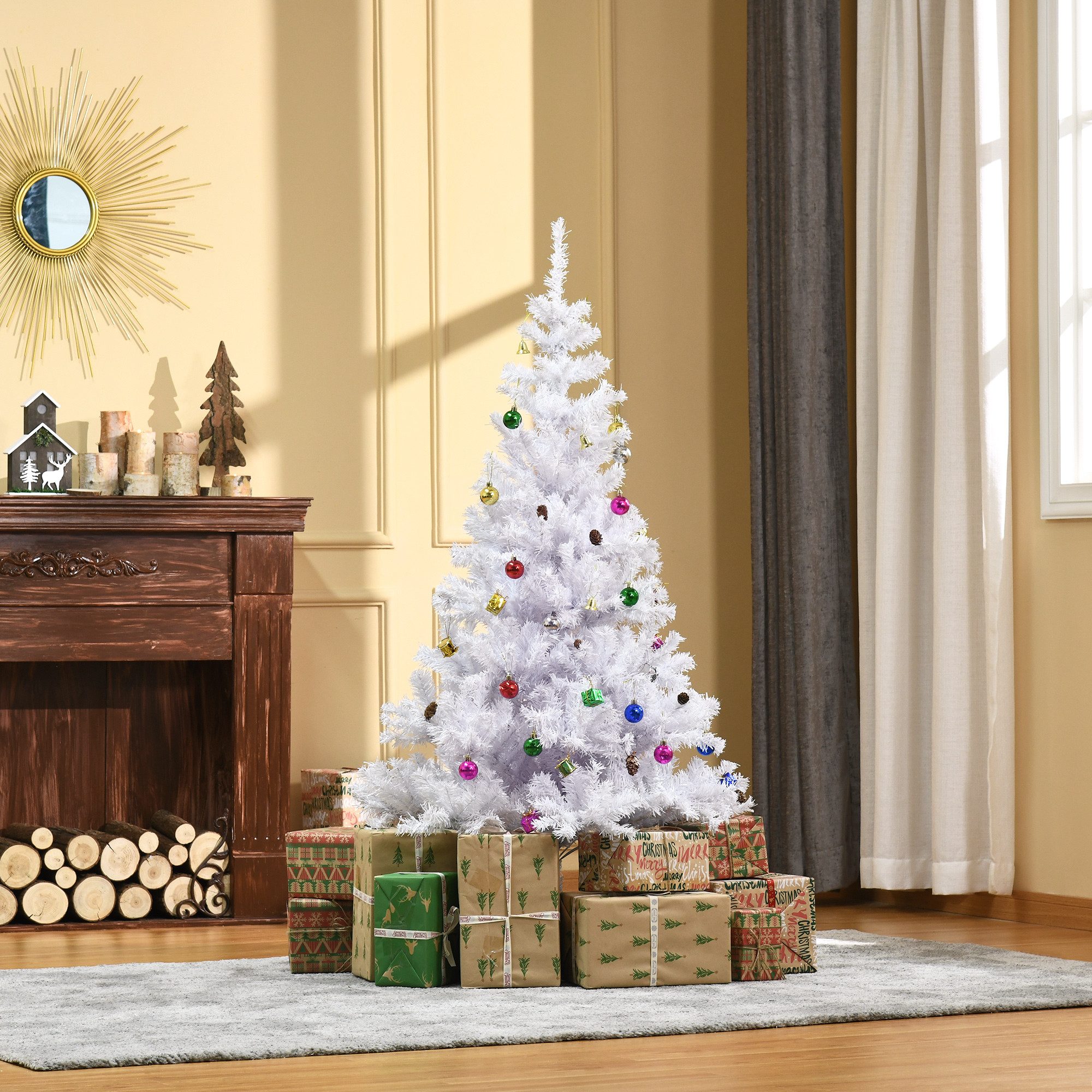 HOMCOM Künstlicher Weihnachtsbaum Kugeln und Glocken mit 680 Spitzen, 12 Tannenzapfen für drinnen, Tannenbaum, Christbaum Tannenbaum 150cm mit Ständer inkl. Dekor, weiß