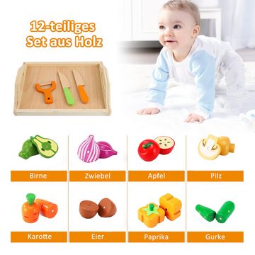CALIYO Lernspielzeug Kinderküche Spielküche Zubehör Aus Holz Küchenspielzeug Schneiden (12-St), Obst Gemüse Holz Mit Klett Verbindung Für Kinder Lernspielzeug