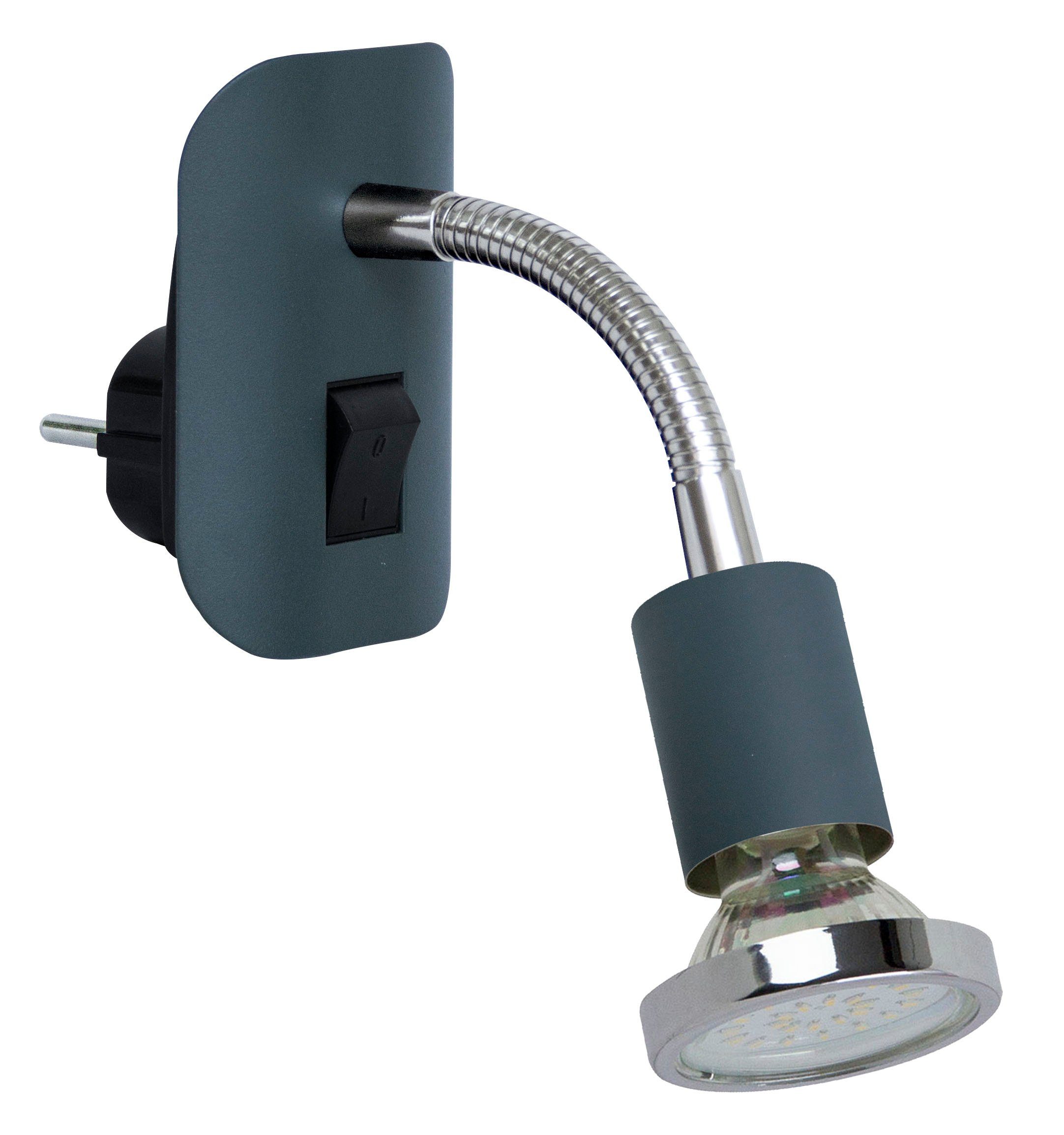 TRANGO LED Steckdosenleuchte, 11-055 Steckerleuchte im Anthrazit-Schwarz Steckerlicht *FLEXI* Nachtlicht inkl. je 1x GU10 3000K warmweiß LED Leuchtmittel Chrom Ring, ON/OFF Schalter Leselampe, Wandlampe, Küchenlampe
