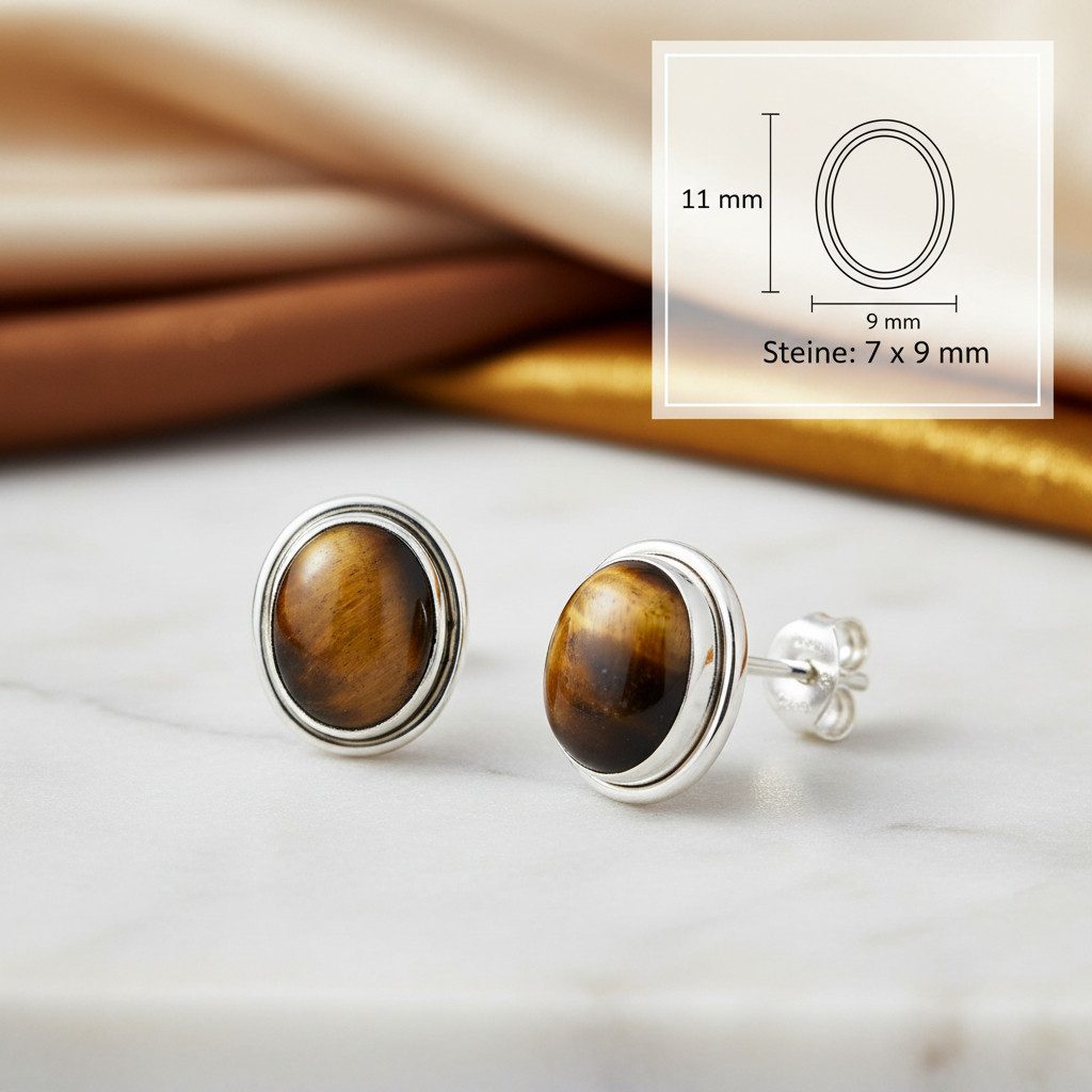 mantraroma Paar Ohrstecker SARALA oval medium aus 925 Silber mit Tigerauge (Paar, Paar Ohrringe mit Schmuckbeutel), 925 Sterling Silber Ohrringe für Damen