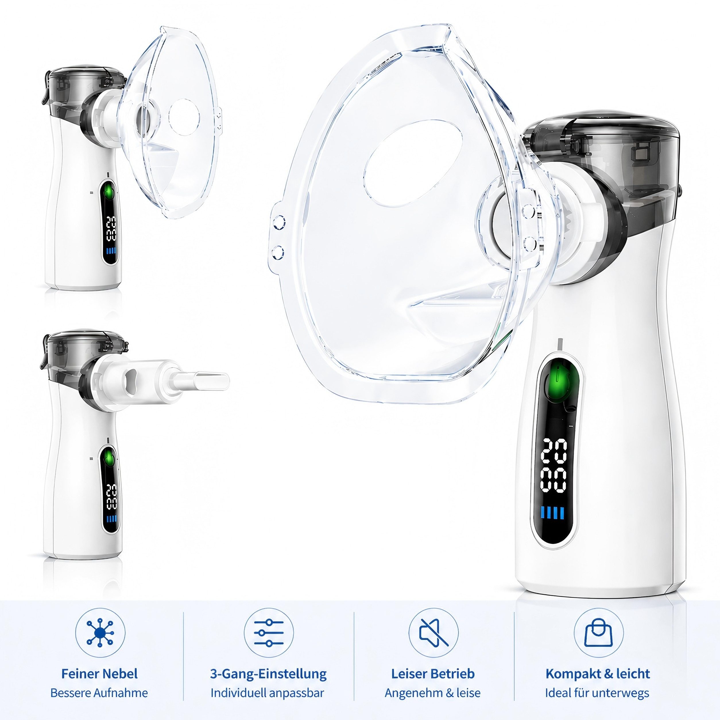 Sumairs Inhalationsgerät Tragbarer Vernebler mit LED-Display–3 Nebelstufen,Partikelgröße 1-5µm, Inhalator mit Reinigungsfunktion,Leise, für alle Altersgruppen/Reise