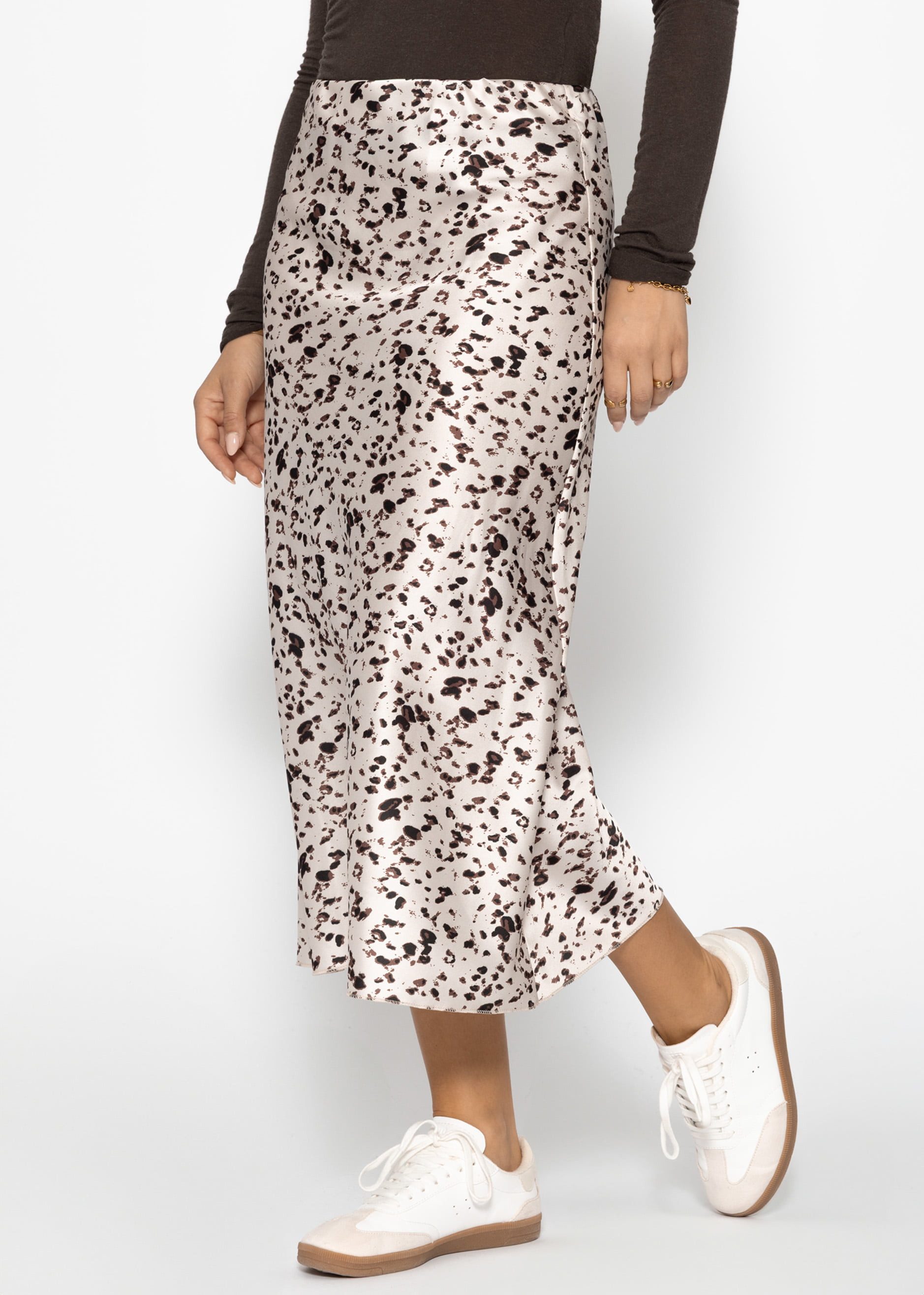 SASSYCLASSY Minirock Eleganter midi Satin Rock Damen mit Print A-Linie Rock lang bedruckt mit High-Waist Gummibund Beige Braun