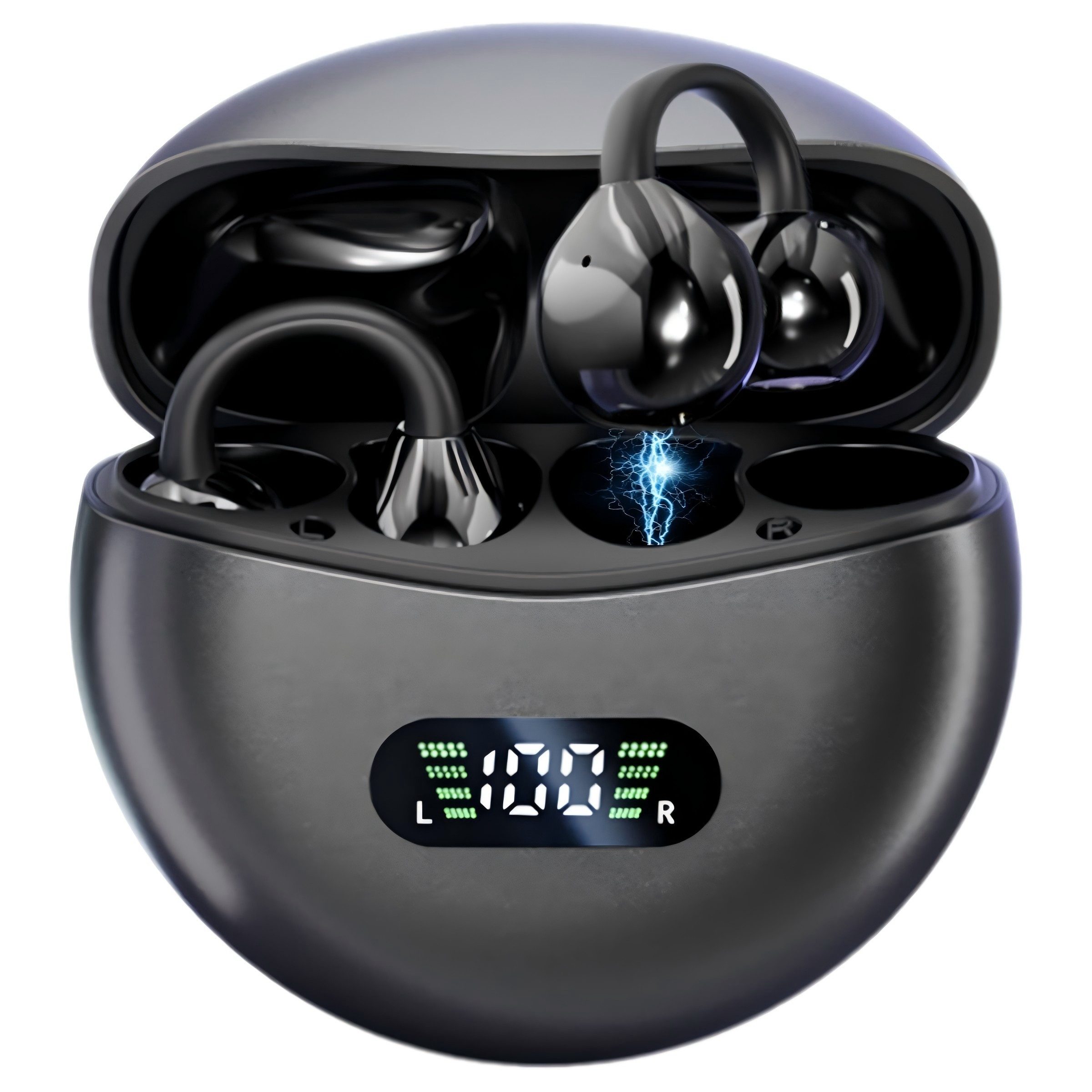 Fyrove Ohrclip Kopfhörer Bluetooth 5.4, 60 Std. Laufzeit & LED-Anzeige Open-Ear-Kopfhörer (ja, Sport Kopfhörer IPX5, USB-C Ladecase für Training, Büro & Alltag)